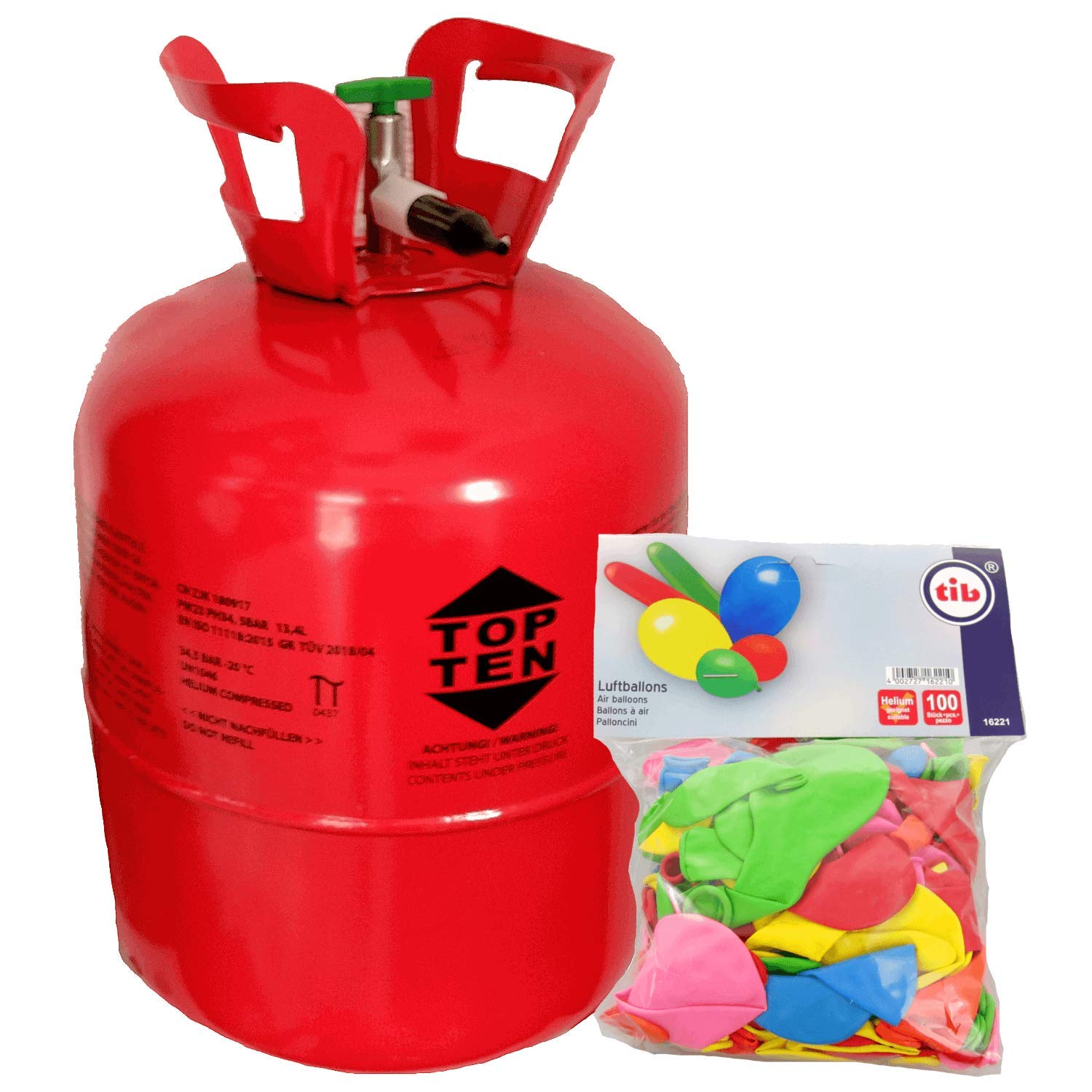 TOP TEN Helium Ballongas für bis zu 50 Luftballons inkl. 100 Stück Latex Luftballons 0,36m³