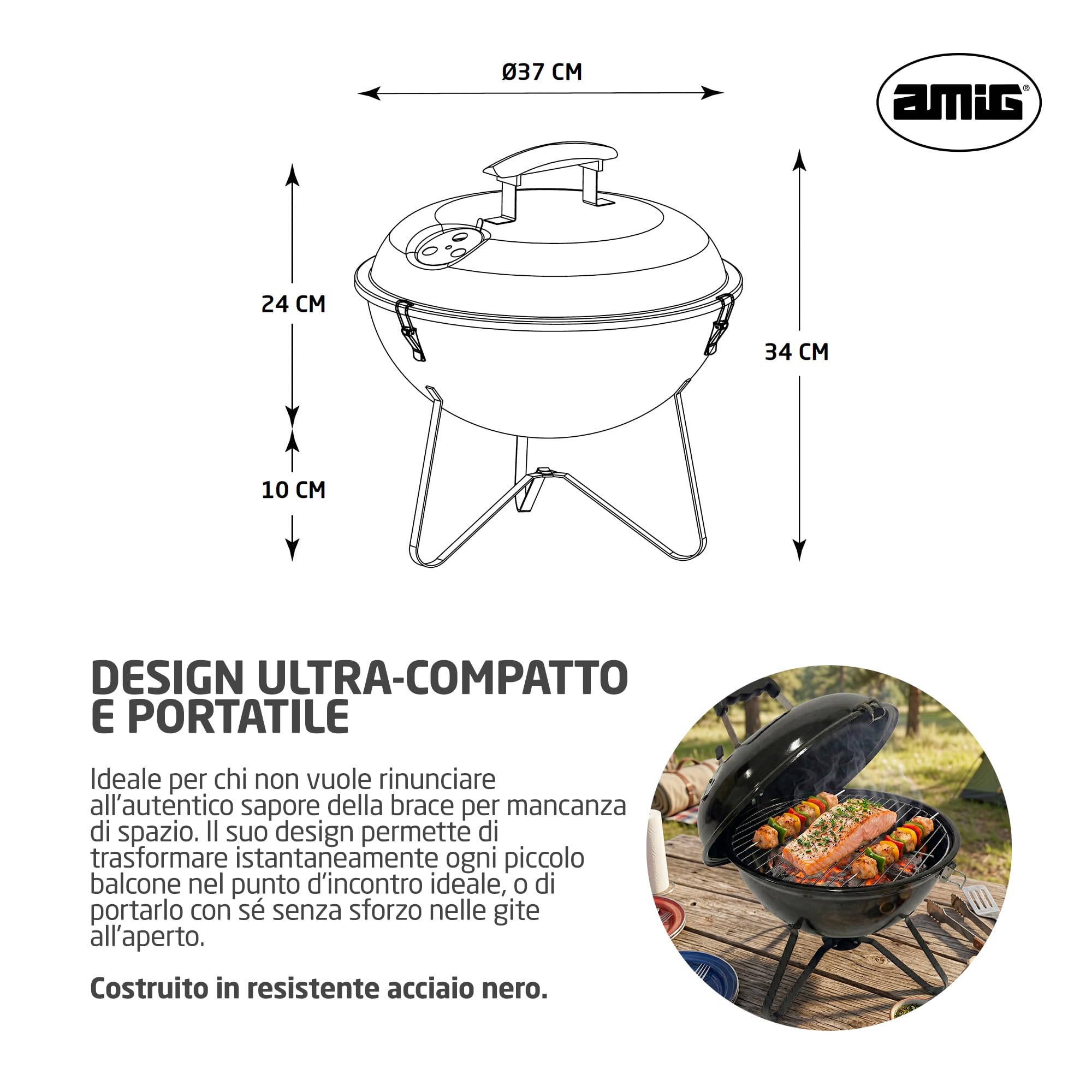 Amig - Barbecue a carbone - 37 x 37 x 45 cm - Nero - Fabbricato in Acciaio - Giardino e Patio. Mod. KRYPTA