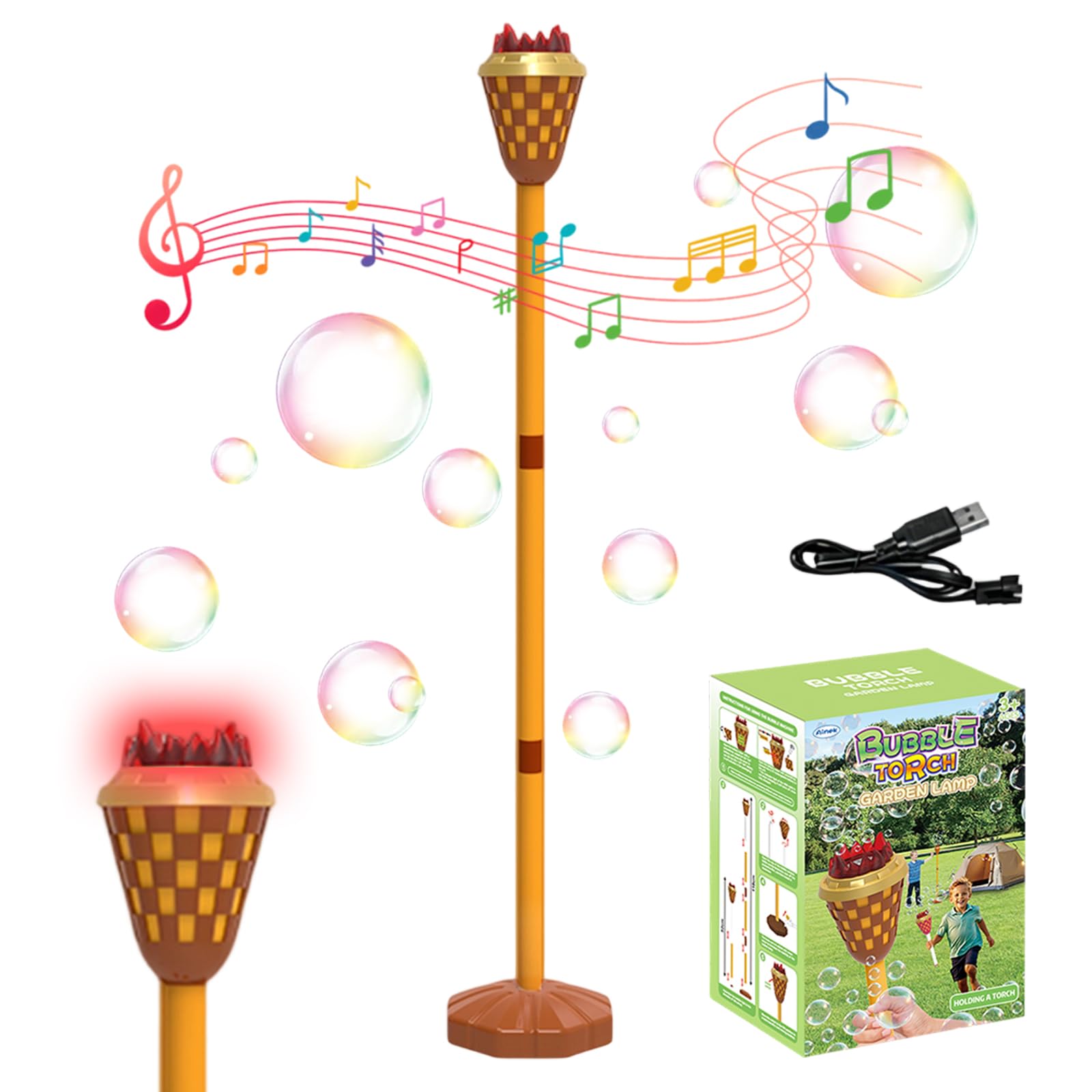 HTU Bubble Torch with Light and Music, Adjustable Height Light Up Lantern Bubbles Machine for Weddings, Party, Outdoor,for Weddings, Garden,Patio