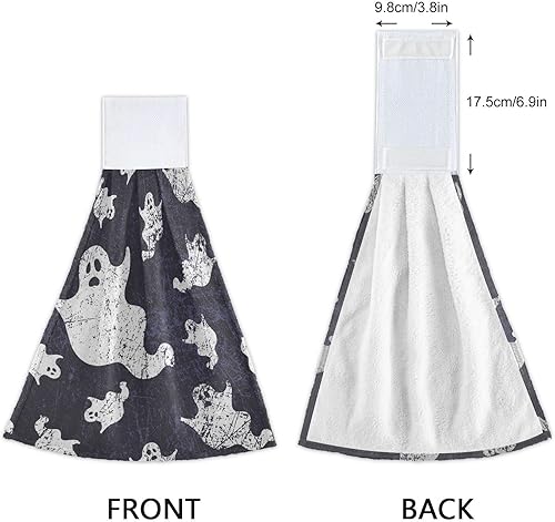Miniatura 4 de Juego de 2 toallas de cocina vintage de fantasmas de Halloween, con lazo para colgar, suave y absorbente, toalla para atar en la punta de los dedos,