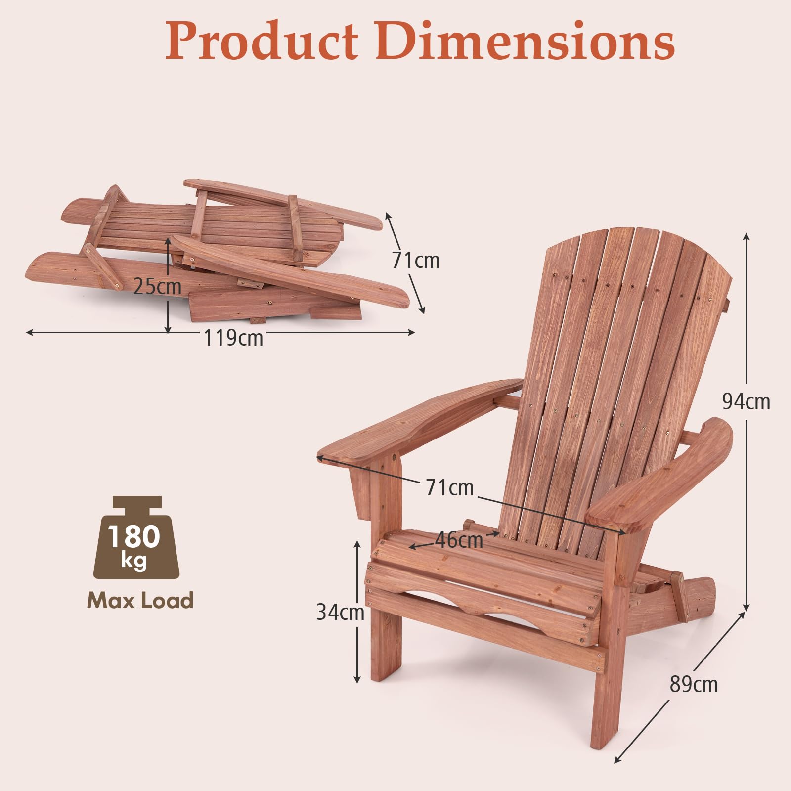 KOMFOTTEU Fauteuil Adirondack, Bois de Sapin, Chaise de Jardin Pliable, Charge de 180 kg, Design Ergonomique, Chaise de feu de Camp, Sièges en Terrasse avec Dossier et Accoudoirs (Lot de 1, Naturel)