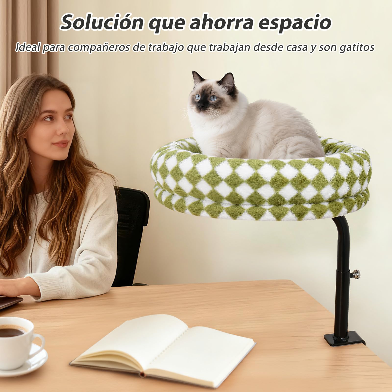 GUUSII HOME Cama Gato de Escritorio Giratorio 360° y Altura Ajustable Camas Hamaca para Gatos hasta 18kg Fácil Montaje Percha Asiento Gatitos Sin Perforaciones Lavable a Máquina Cat Desk Bed（Verde）