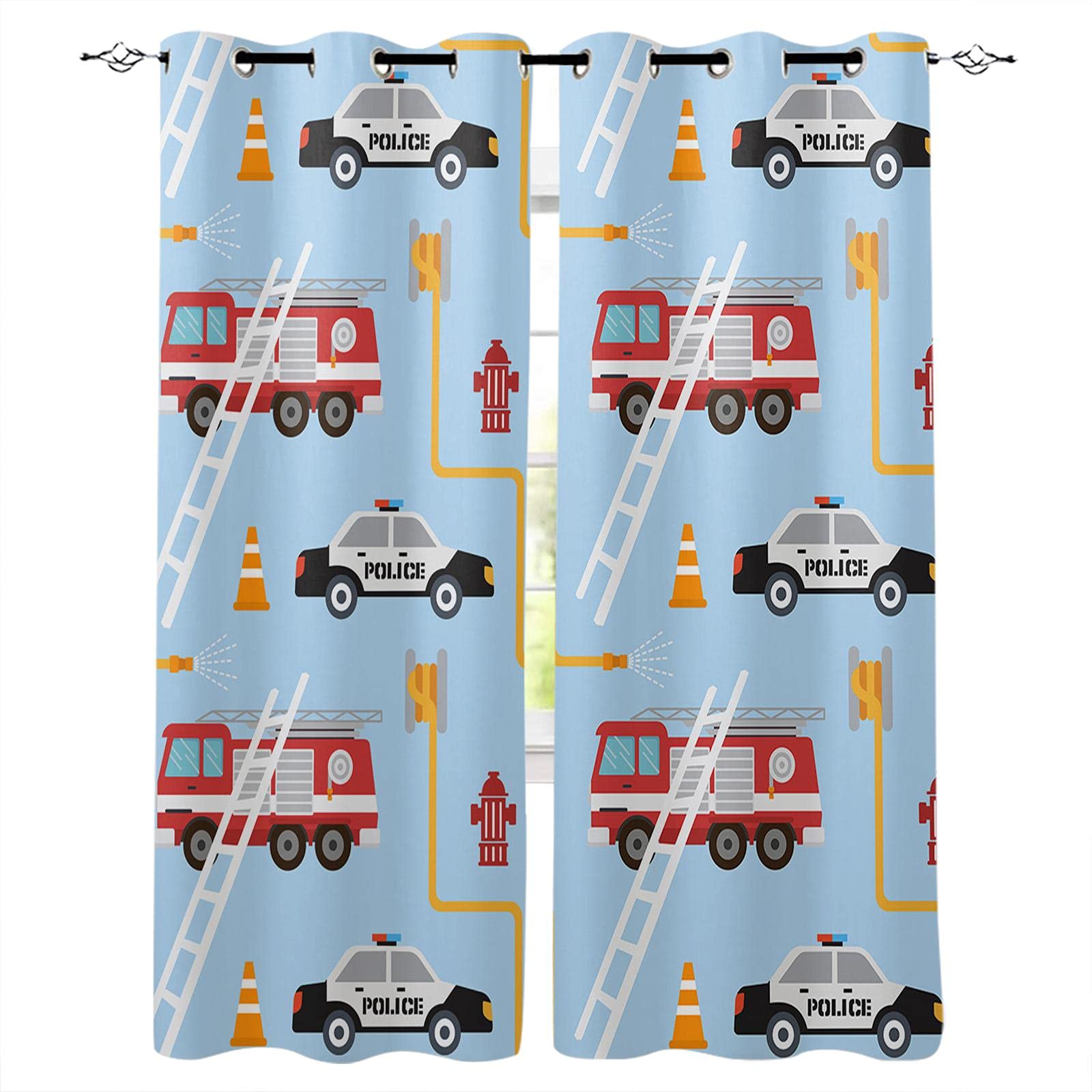 Rideaux Occultants À Oeillets 2 Panneaux Bleu Dessin Animé Camion De Pompier Voiture 140X100Cm Rideaux Insonorisés Rideaux Ltants À Anneau Supérieur Pour Chambre À Coucher Chambre D'Enfant Assom