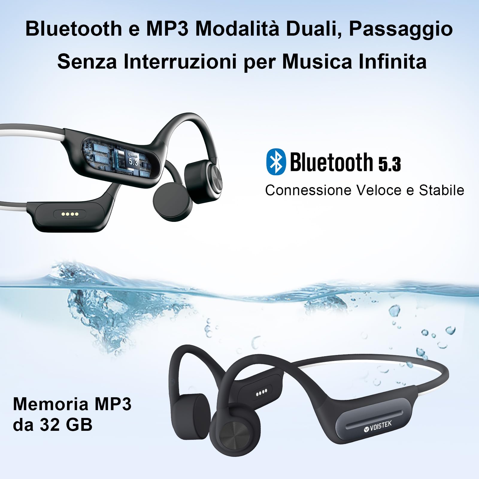 Voistek Cuffie Conduzione Ossea Bluetooth, Auricolari Sportivi Open Ear Wireless IPX8 Impermeabili con Lettore MP3 Integrato da 32GB, Cuffie per Corsa, Ciclismo, Fitness e Guida (Grigio)