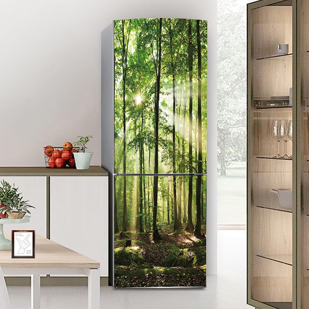 Targawerelax Green Fridge Wraps Kitchen Fridge Stickers Cover Full Doors, Fridge Sticker Full Covering Door Fridge Covers Skins Wall Stickers For Kitchen Decal, Woods Sunlight Nature Tree