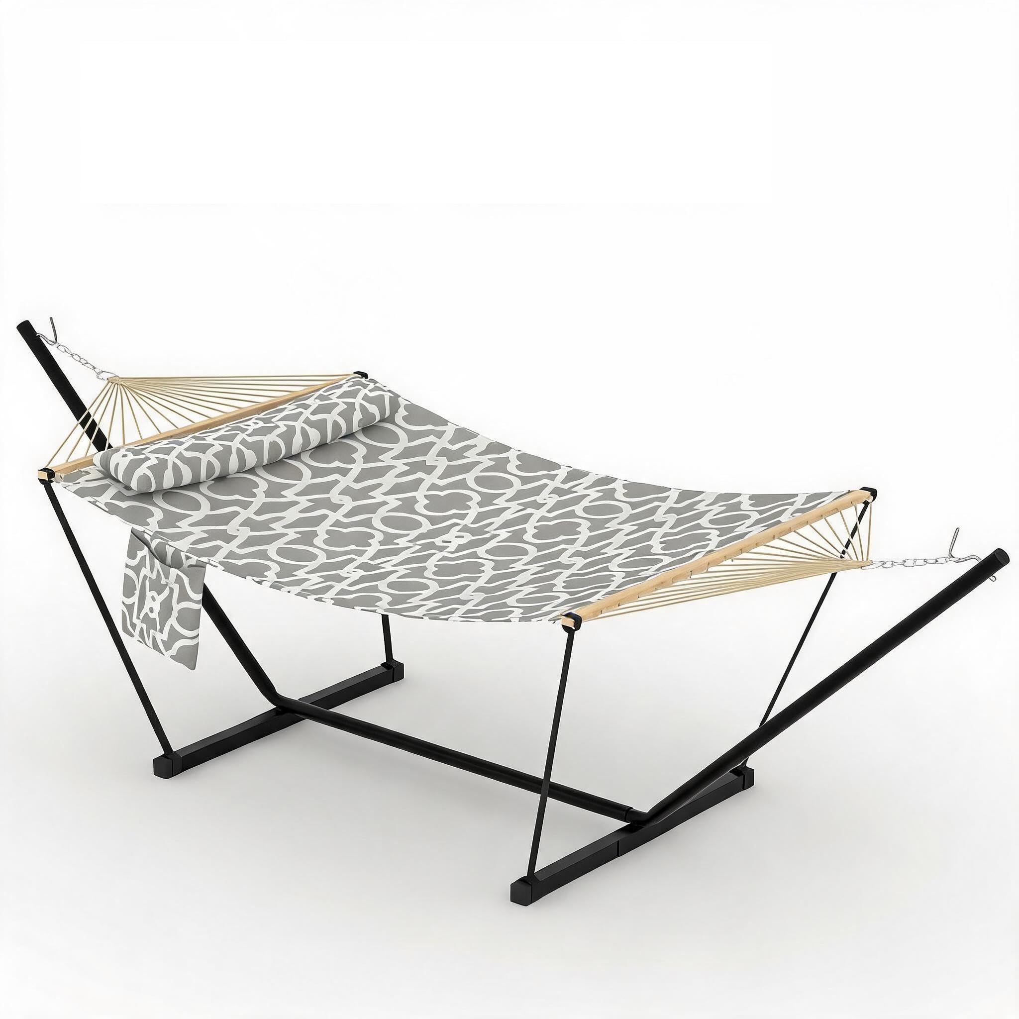 GarveeLife Double Hammock for 2 People – 3.6m Large Garden Swing Bed with Wooden Spreader Bar, Detachable Pillow, Chains & t-Shaped Bracket, 204kg Capacity – Outdoor Light Gray