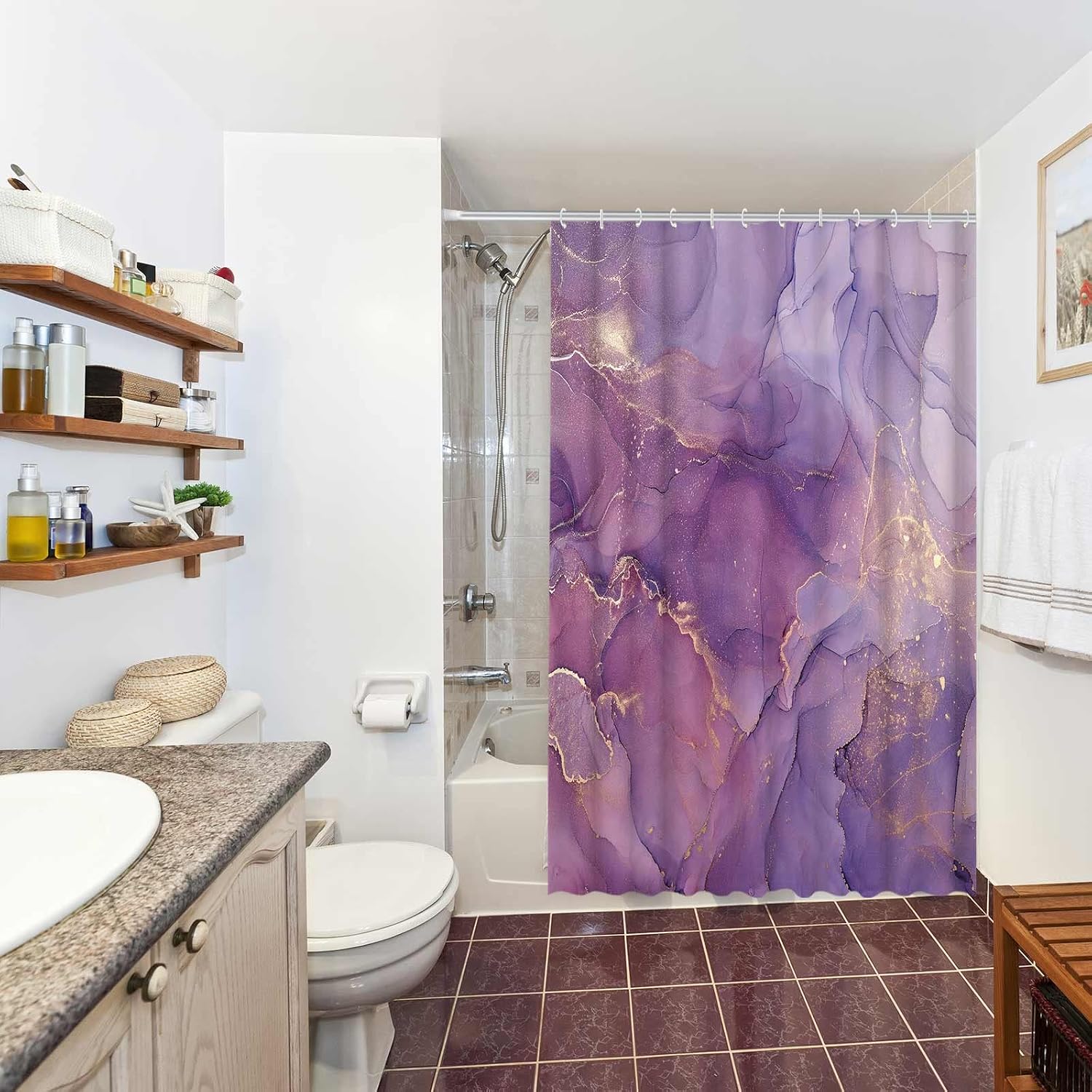 Allenjoy Purple Marble Shower Curtain Lavender Gold Pattern Elegant Texture Abstract Fabric Bathroom Curtains Set Ink Art Painting Decor Durable Bathtub Showers Decor with 12 Hooks 72x72 Inch