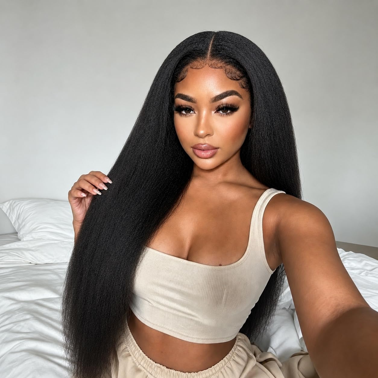 Kinky Straight Half Wig for Women, 3 in 1 Yaki Drawstring Glueless Synthetic Wig, No Lace Wear and Go Wig, Beginner Friendly Ready to Wear Wigs for Black Women as Human Hair (Black 2, 22 Inch)