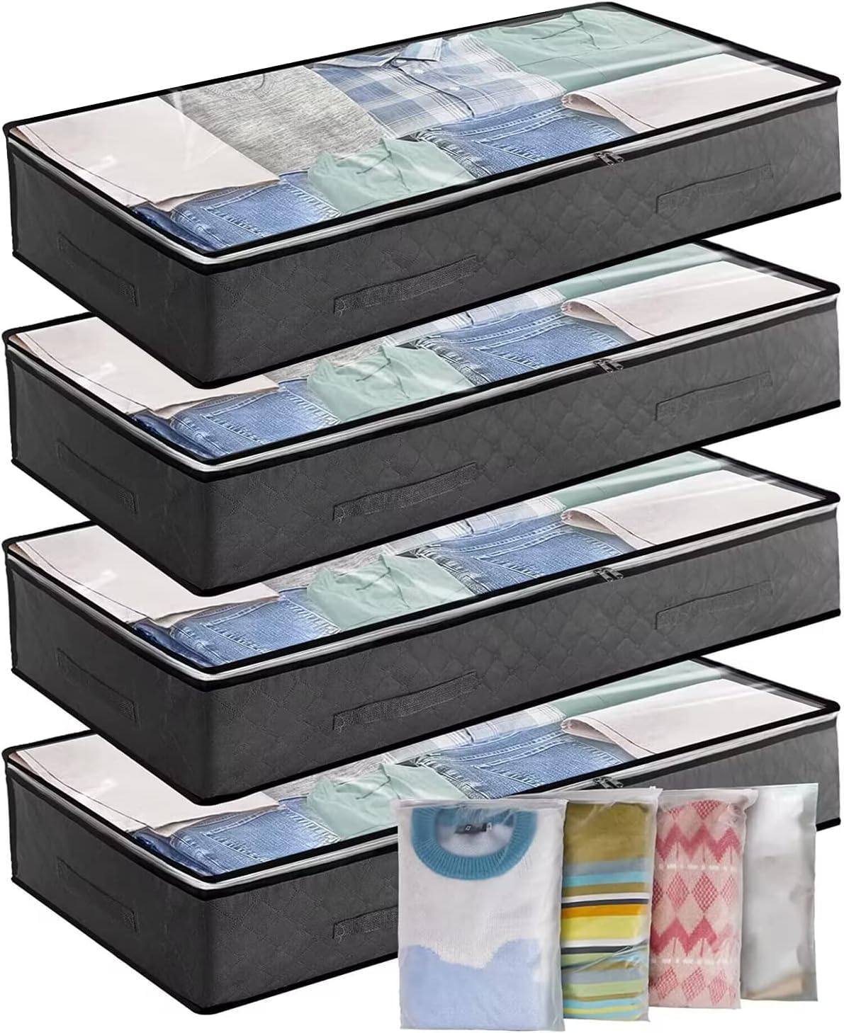 Novelistier Underbed Storage Box 4Pack 90L Large Under Bed Storage Bag with 4 x Large Zip lock Bags - Under bed Storage Box with PVC Window for Clothes, Duvets, Comforters, Blankets, Bedding, Quilts