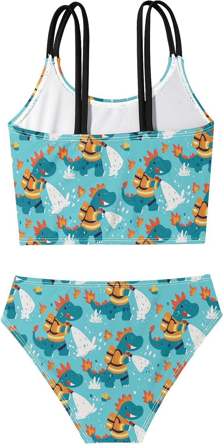 visesunny Girls Two Piece Swimsuits Firefighter Dinosaur Girl's Bikini Sets Bathing Suits for Girls Size 5-12Y