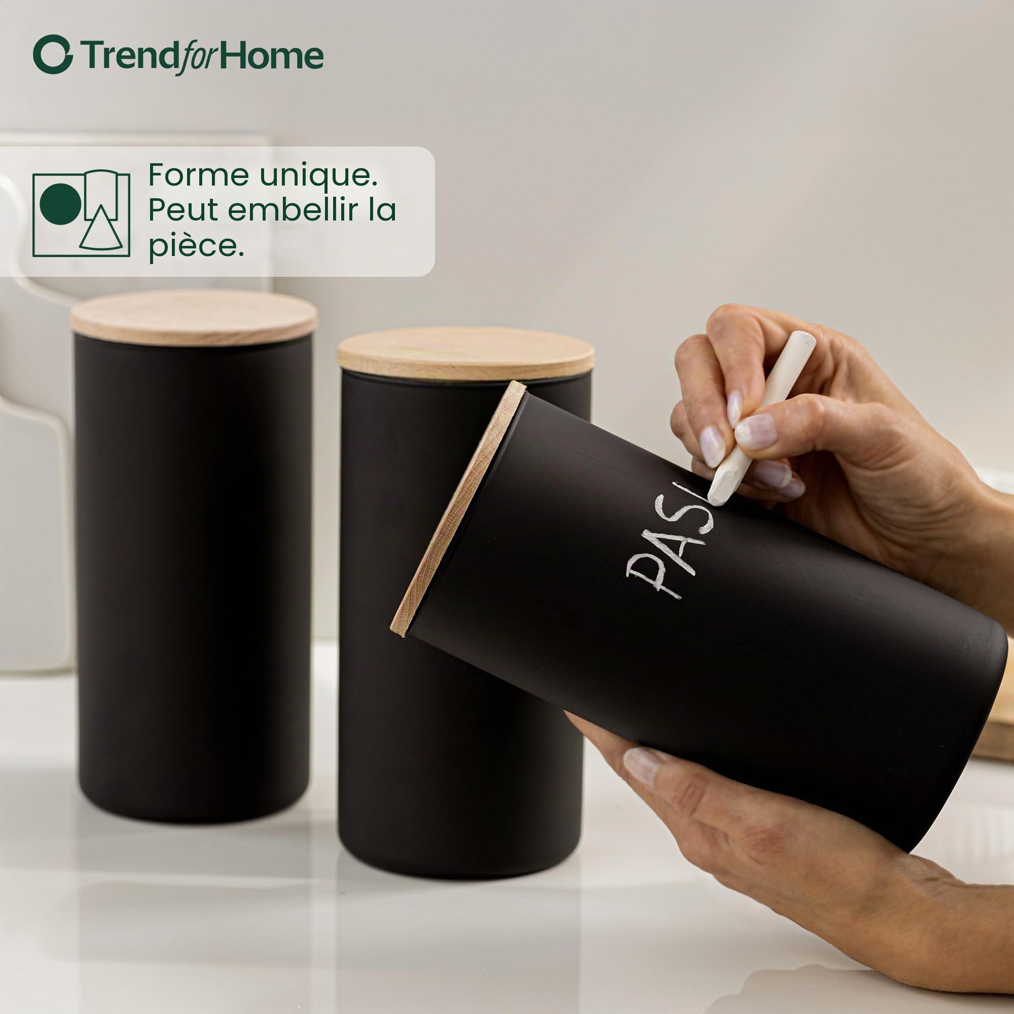 TREND FOR HOME Lot de 6 boîtes de conservation en verre noires avec couvercle en bois hermétique 1385 ml - Pour thé, céréales, grains de café, épices