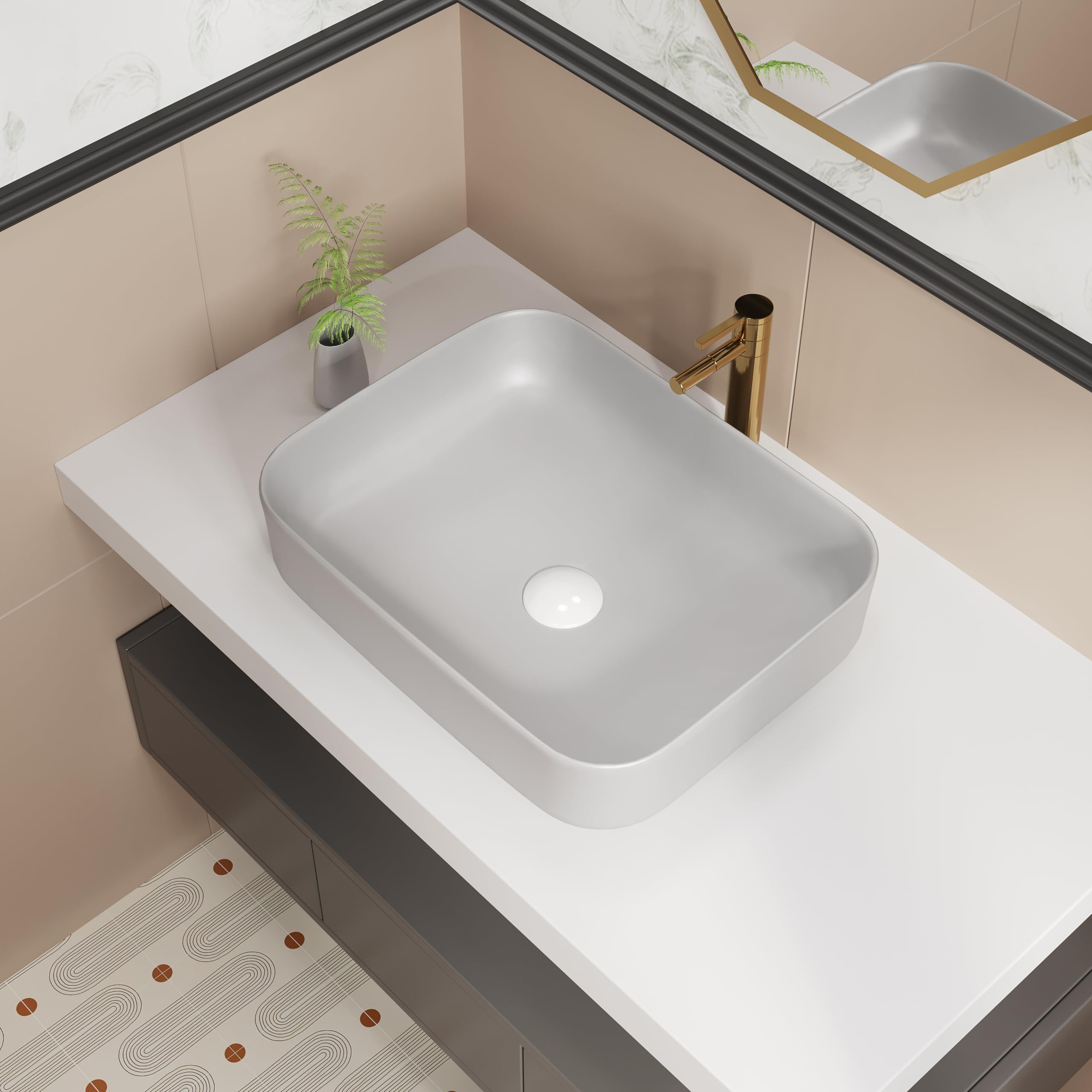 ELLAI Bathroom Vessel Sink Rectangle Above Counter Porcelain Ceramic Sink Top Mount Rectanglar Sink Countertop Sink for Bathroom 19.7"x15.2"x5.4" Light Gray