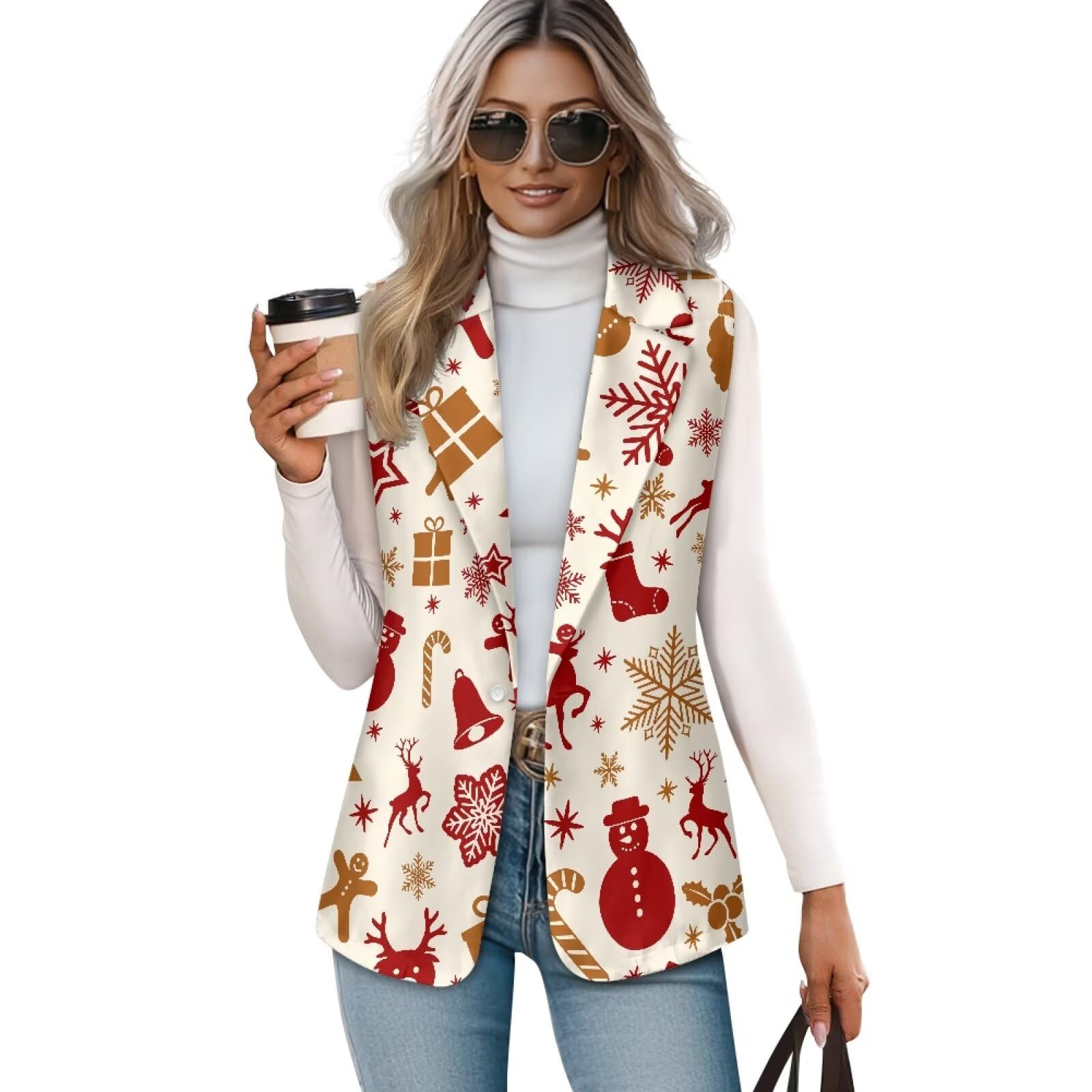 Womens Sleeveless Oil Painting Printed Vest Slim Blazer Office Wear Vintage Fashionable Top