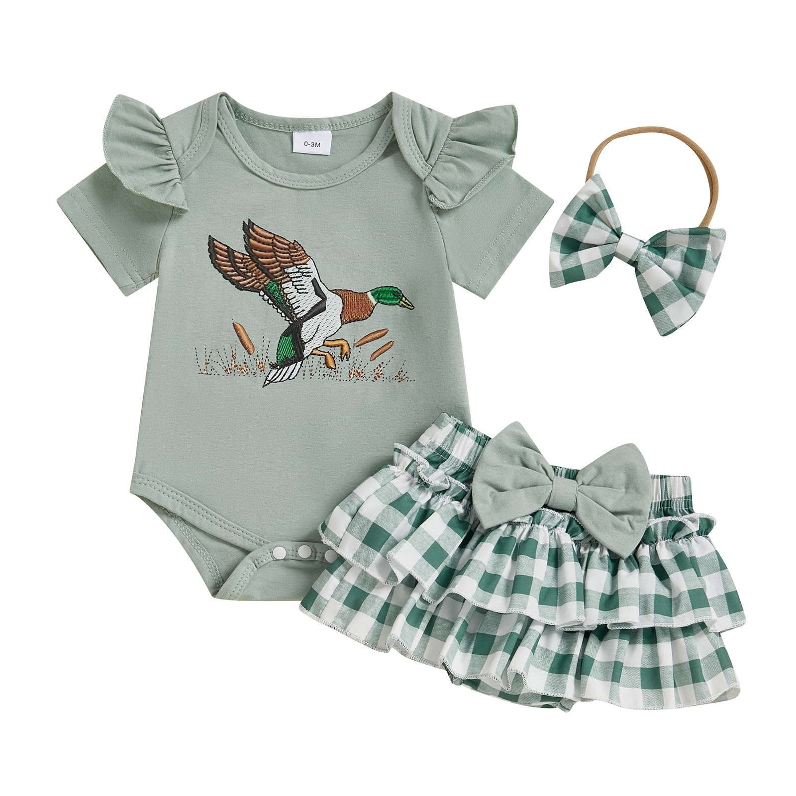 KtwHarnu Hunting Baby Girl Clothes Mallard Duck Ruffle Short Sleeve Romper Layered Shorts Headband Set Newborn Summer Outfit (Green, 3-6 Months)