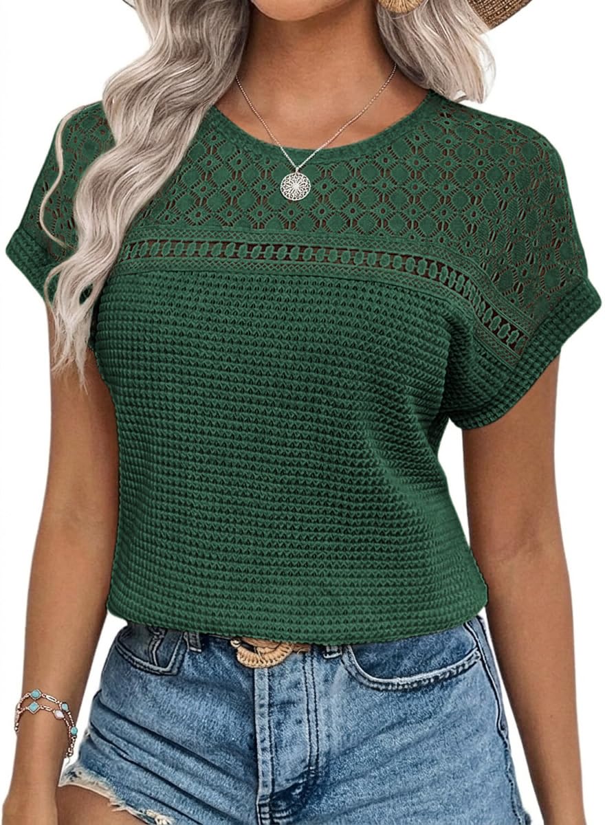 Chicrise Bluse Damen Elegant Kurzarm Spitzen Oberteile Häkel Rundhals Tshirt Sommer