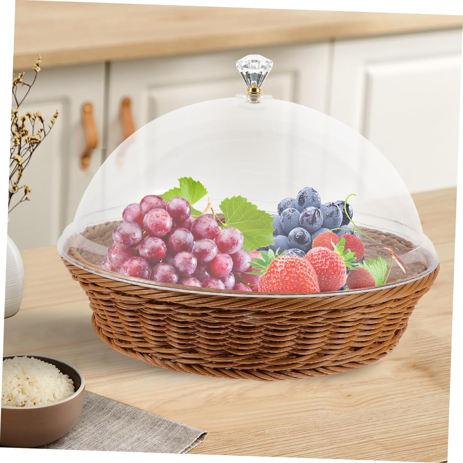 Cabilock 30cm Round Lid Woven Food Storage Basket Imitation Rattan Snack and Fruit Display Basket for Kitchen Dining and Parties