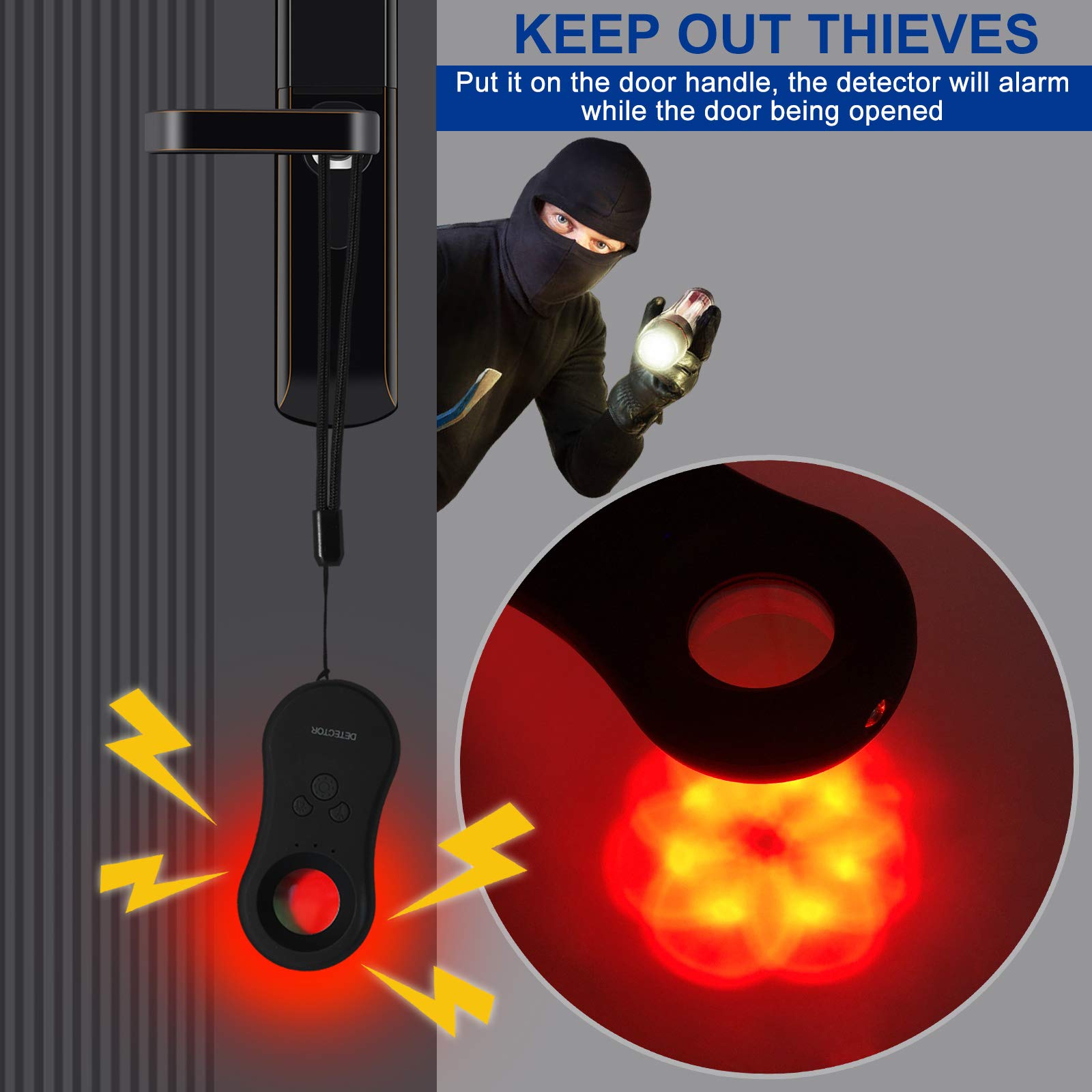 Detector de cámara oculta antiespía con luces de flash LED, cámara de bolsillo portátil, equipaje y alarma personal 3 en 1, función de defensa para el hogar, oficina y viajes