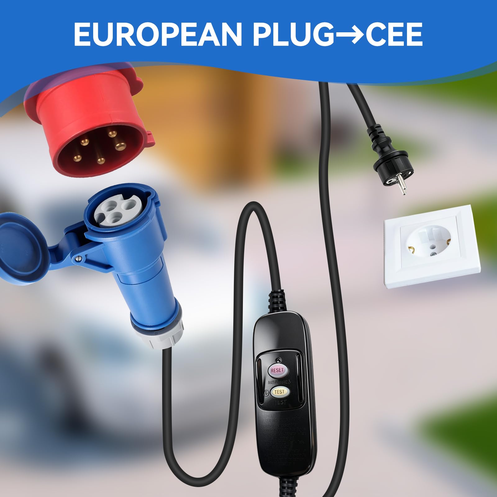 Cable Adaptador Schuko a CEE de 150 cm, 230 V, con Protección contra Fugas, Clase de Protección IP44/IP55, para Autocaravanas, Coches Eléctricos, Camping y Remolques de Construcción