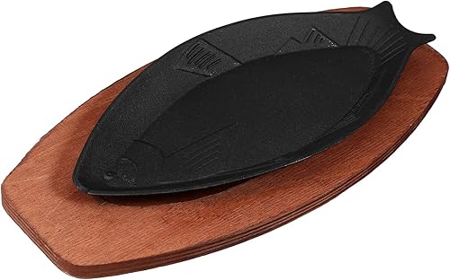 DOITOOL Sartén de hierro fundido: Sartén de hierro fundido con base de madera, plato de carne en forma de pescado, sartén pequeña para freír sartén