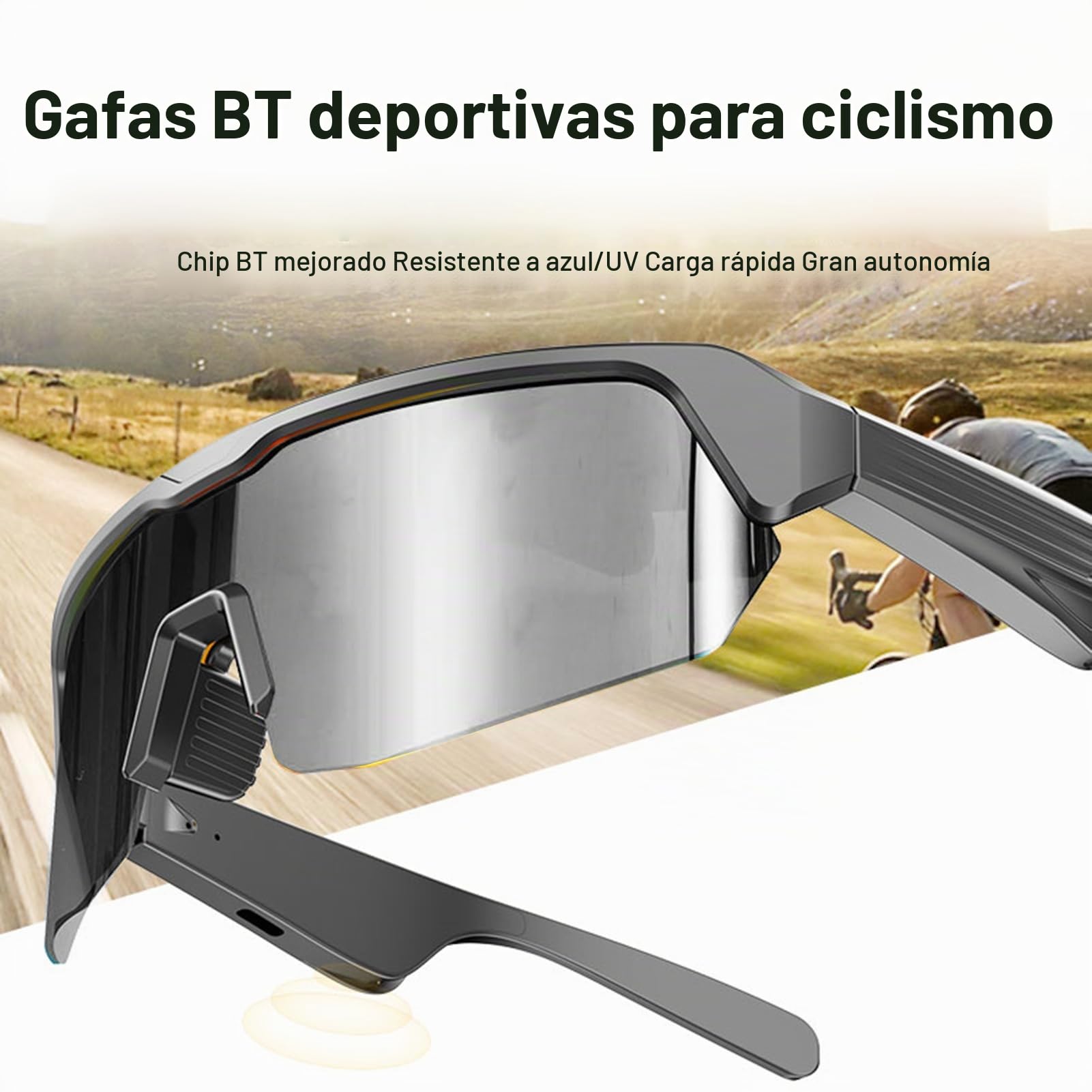 Tosuny Gafas de Sol de Deportes Inteligentes, Vasos de Audio Bluetooth con Protección UV400 y Lentes Anti-Impactos, Altavoz y Micrófono de Oído Abierto, Asistente de Voz, para Deportes (Silver)