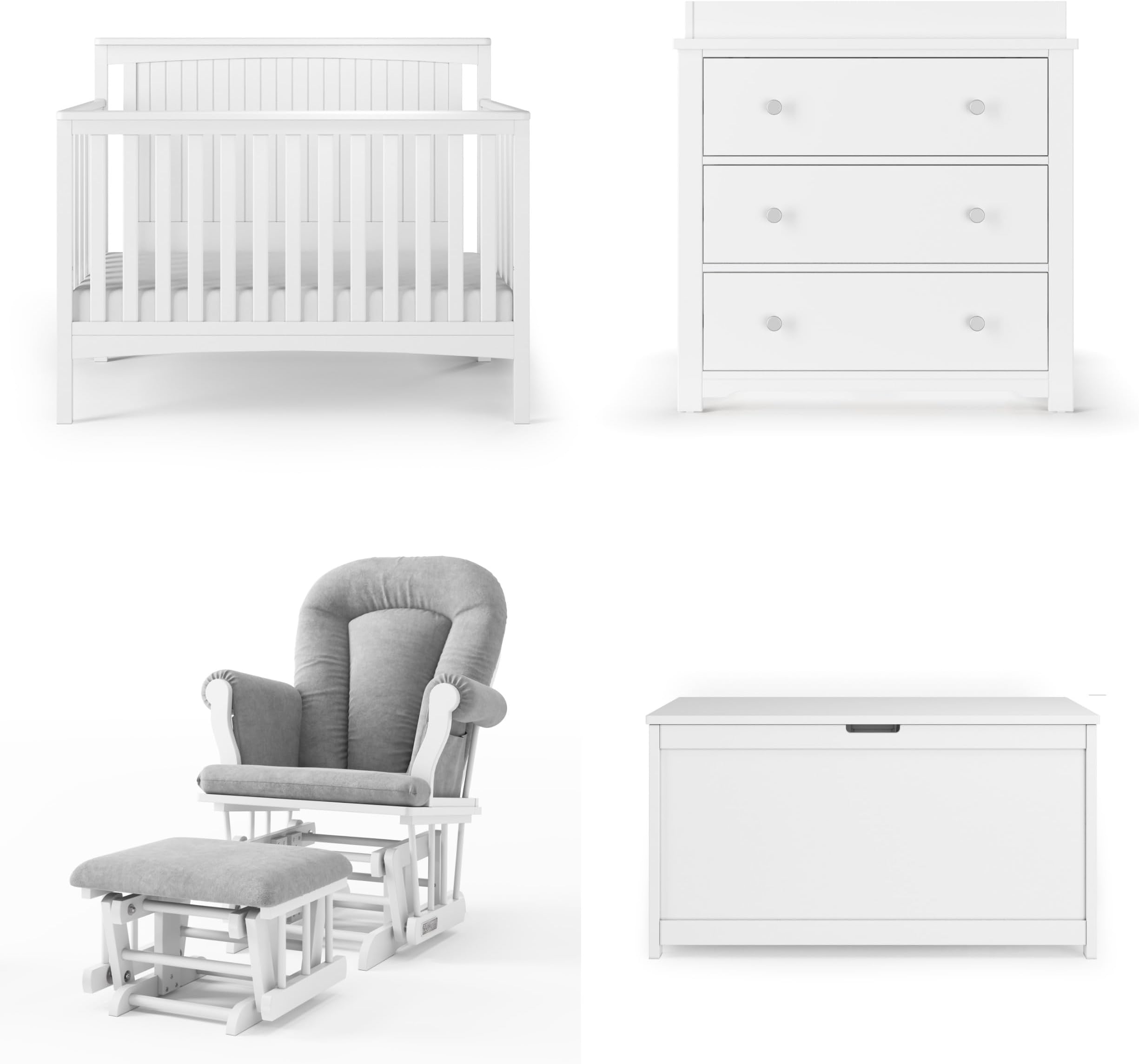 Scout 4-in-1 Convertible Baby Crib Nursery Furniture Set - Baby Bed, Dresser with Changing Table Topper, Glider Chair, and Toy Box for Babies, Toddlers and Kids (4 Piece - Matte White)