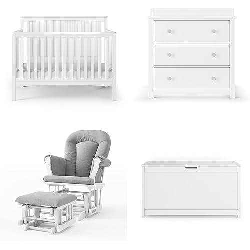 Child Craft Scout 4-in-1 Convertible Baby Crib Nursery Furniture Set - Baby Bed, Dresser with Changing Table Topper, Glider Chair, and Toy Box for Babies, Toddlers and Kids (4 Piece - Matte White)