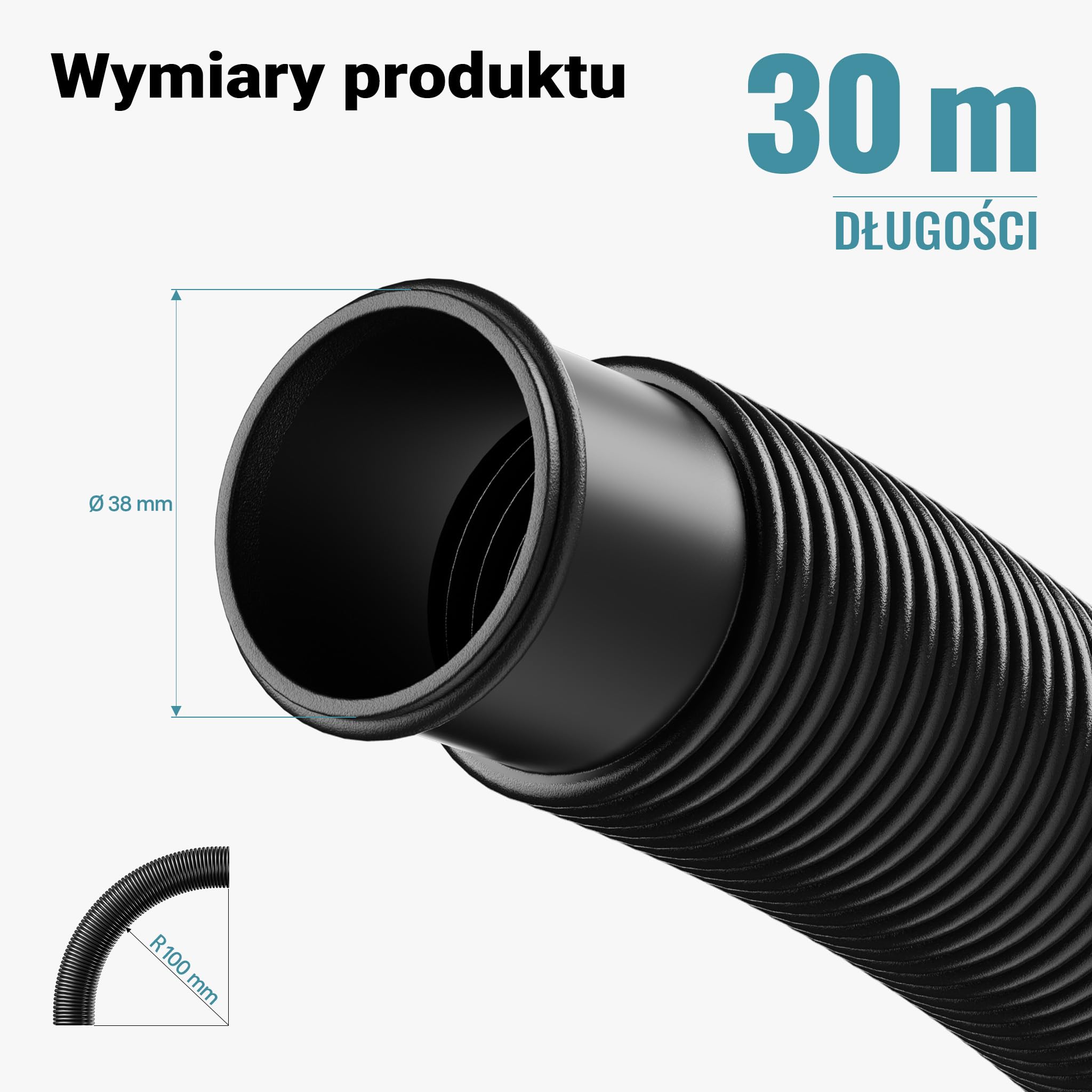 Wiltec Wąż do basenu o długości 30 m, Ø 38 mm czarny wąż ssący do pompy basenowej z mufami, wąż solarny - Made in EU