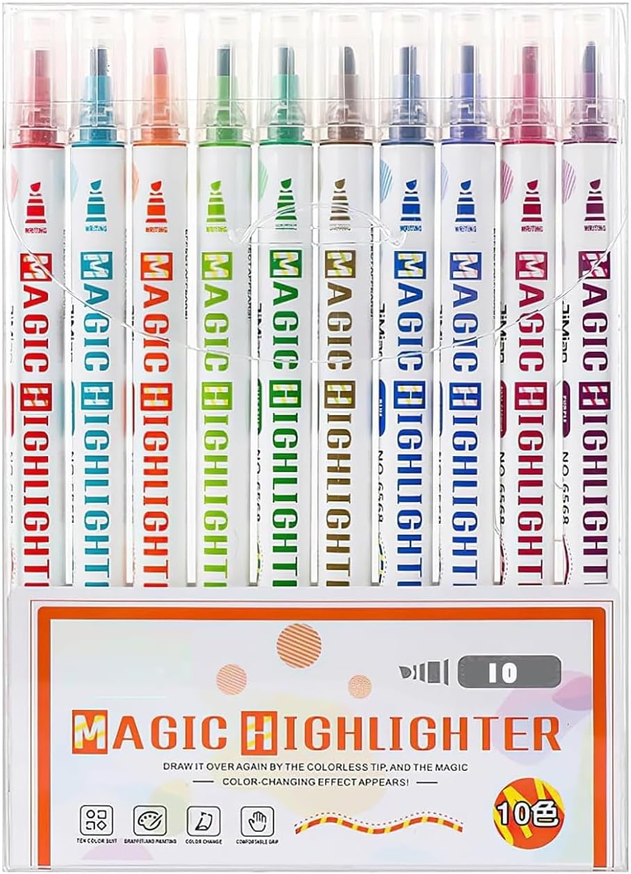 Colour Magic Changing Pens Set, 10 Magic Colouring Pens Dual Tip Fluorescent Marker Create 3D Lettering, DIY Painting or Write Secret Messages Magical Art Supplies