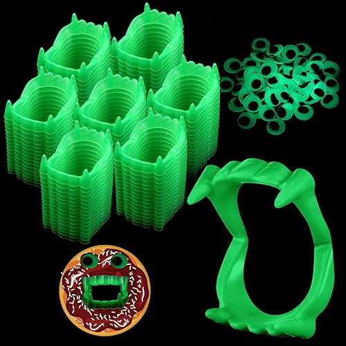 Miniatura 8 de Hungdao 50 colmillos de dientes de plástico de vampiro, colmillos falsos blancos de Halloween, máscara de hombre lobo, con 100 piezas de ojos de