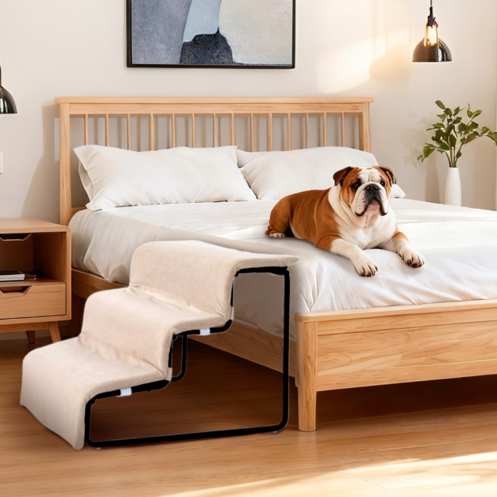Escaleras para perros con juego de cama para mascotas para ventana, cama, sofá, marco de metal resistente con cojín suave, 3 escalones para perros y percha de ventana para mascotas pequeñas