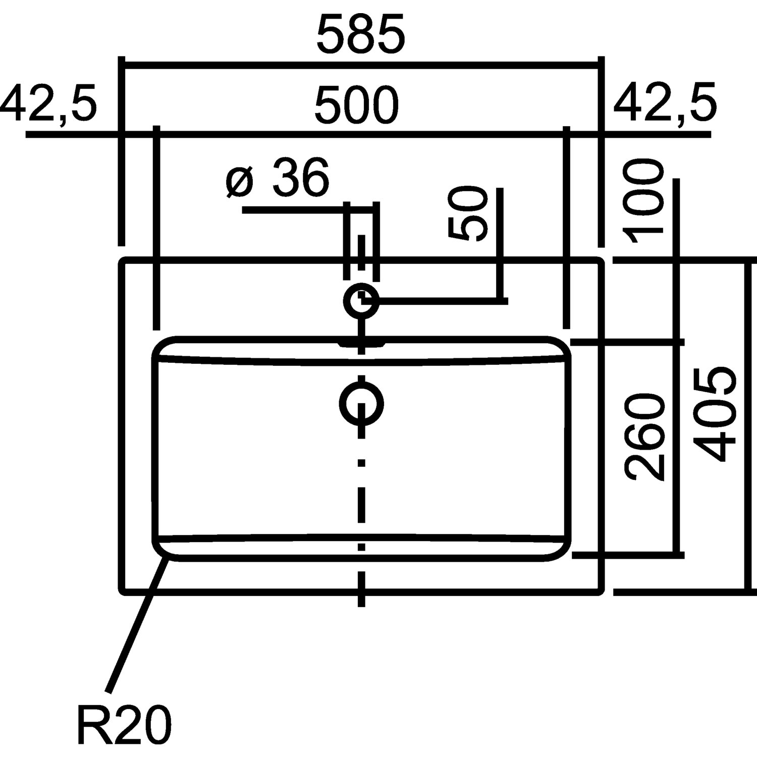 Alape˘ EB.R585H Einbaubecken, Waschbecken für den Einbau von oben, aus glasiertem Stahl in weiß mit antibakterieller Oberfläche, rechteckig 58,5 x 14,3 x 40,5 cm, mit Hahnloch, mit Überlauf