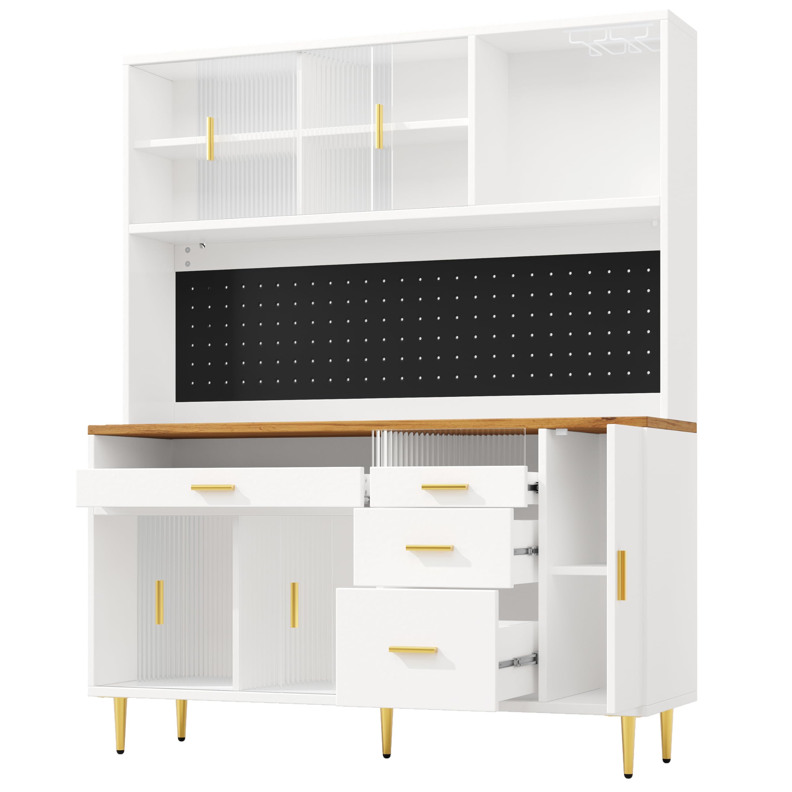 Kebnor Hochschränke fürs Wohnzimmer(145×24×171cm), Küchenschrank,Esszimmerschrank,Schränke mit LED-Beleuchtung,Hoher Schrank mit Lochwandregalen (Weiß)