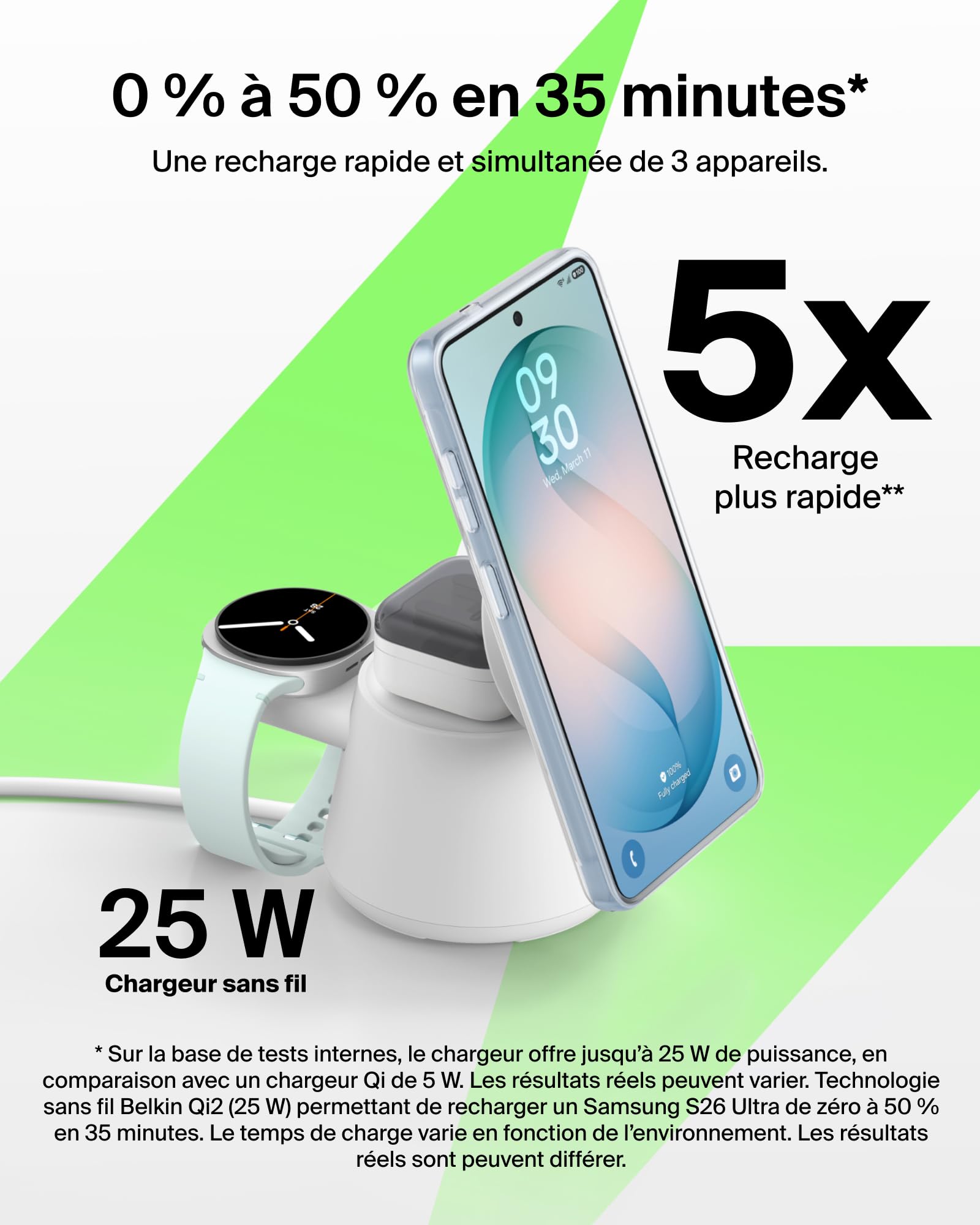 Belkin UltraCharge Station sans Fil 3-en-1 avec Qi2, 25 W - Blanc | Chargeur Magnétique Qi2.2, USB-C, Chargeur Sans Fil Pour iPhone, Galaxy, Écouteurs, Montre Connectée, Adaptateur Secteur 45 W