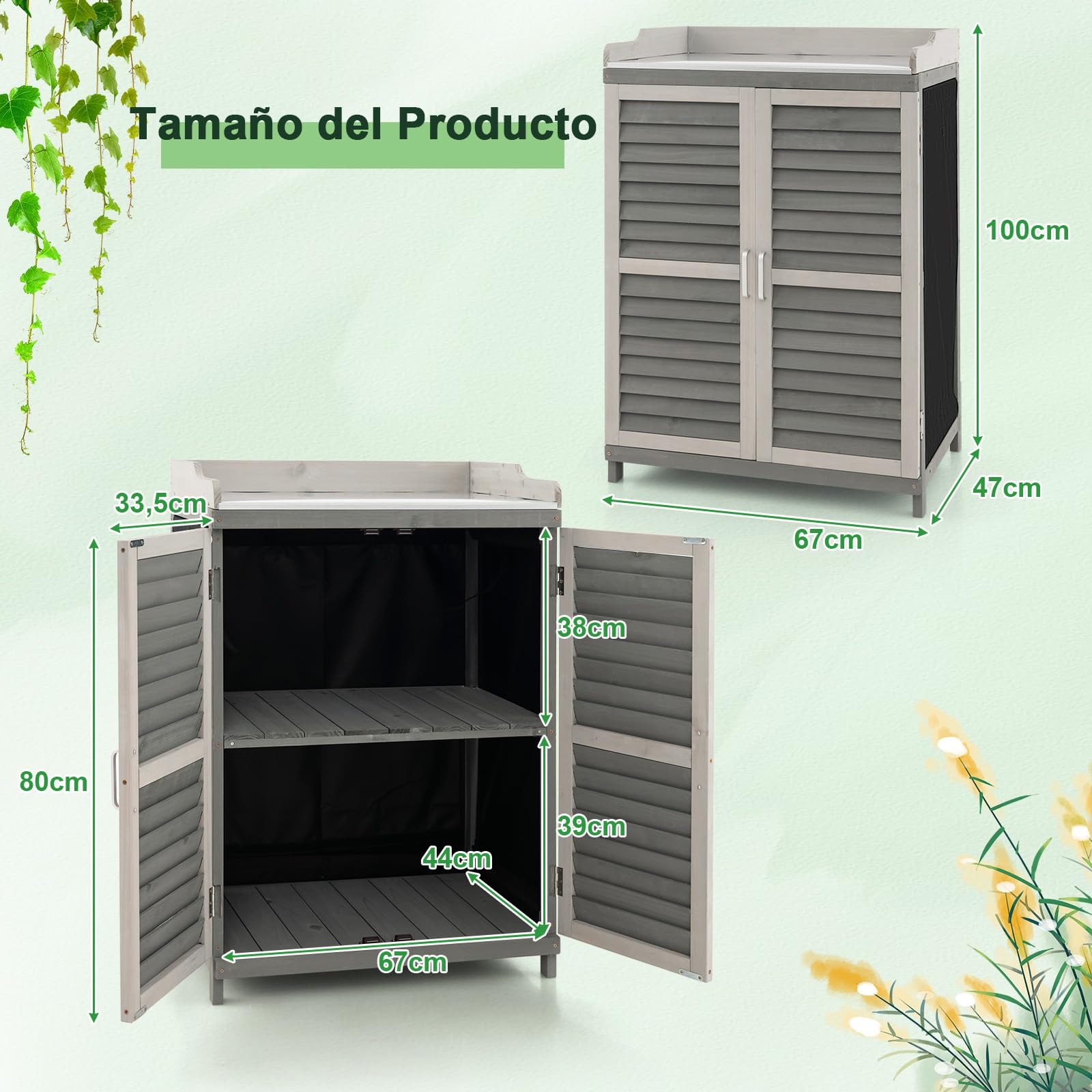 COSTWAY Caseta de Jardín de Madera, 67 x 47 x 100 cm, Gabinete de Almacenamiento Exterior con 2 Estantes de Almacenaje, Puertas, Caseta de Herramientas Impermeable para Jardín, Patio Trasero