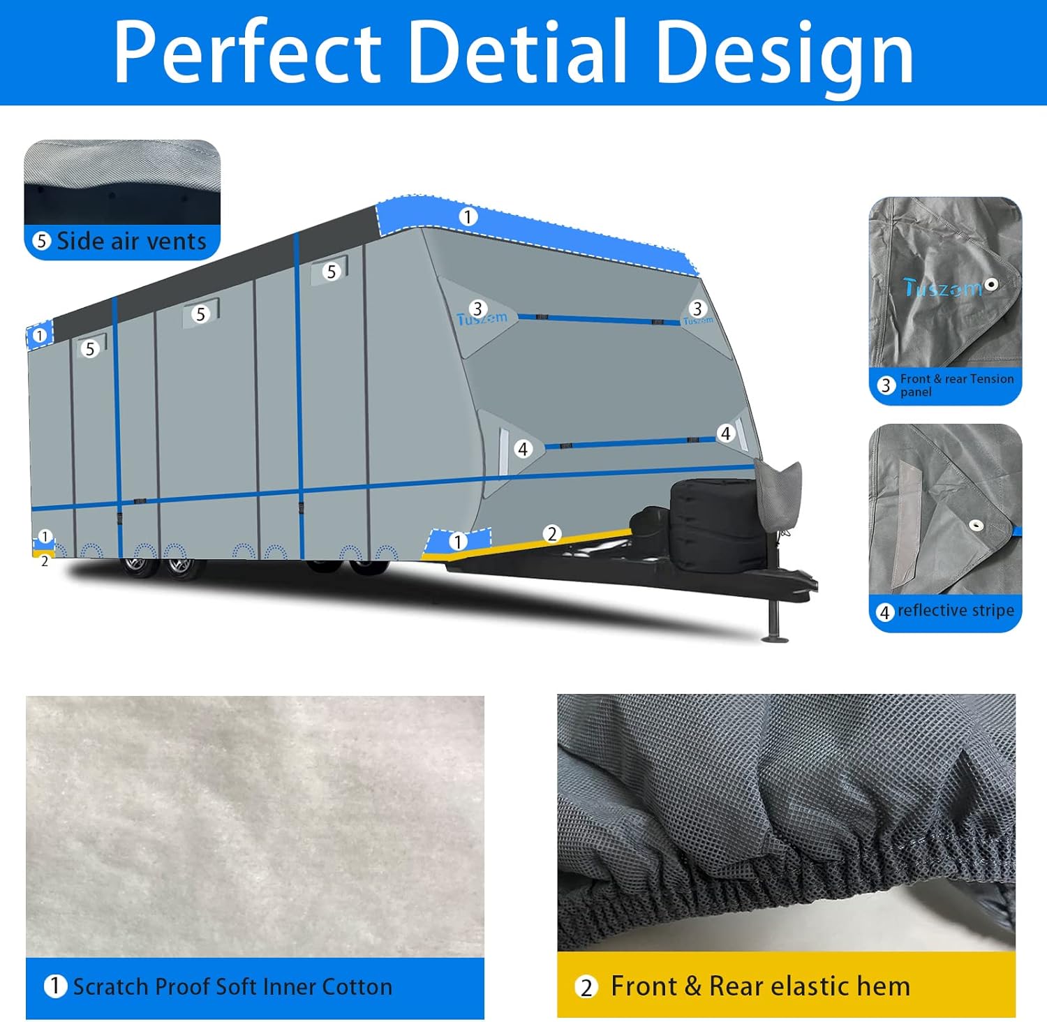 Tuszom 2022 Upgraded 7-ply Travel Trailer RV Cover Extra Thick Durable Camper Cover Toy Hauler Cover for 15'1"-18' RV - Waterproof Rip-Stop Anti-UV Breathable with 13 Windproof Straps, 4 Tire Covers : Automotive