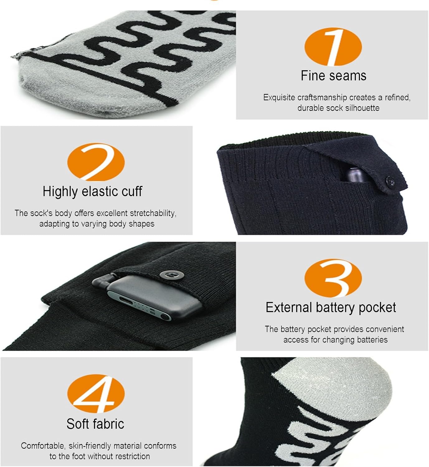 Heated Socks for Men Women,5V 5000mAh Rechargeable Battery Powered Warm Socks,Feet Warmers for Women,4 Heating Levels for Winter, Camping, Outdoor Work
