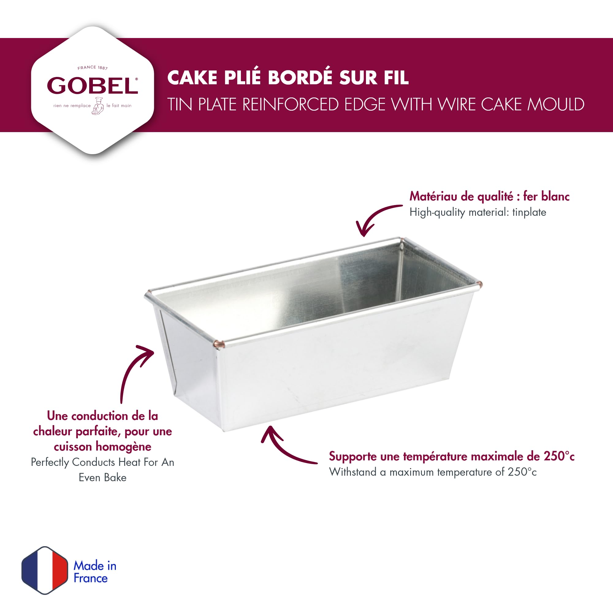 GOBEL - Moule à cake plié bordé sur fil - Fer blanc - Matériau recyclable - 21 x 9 x 7 cm