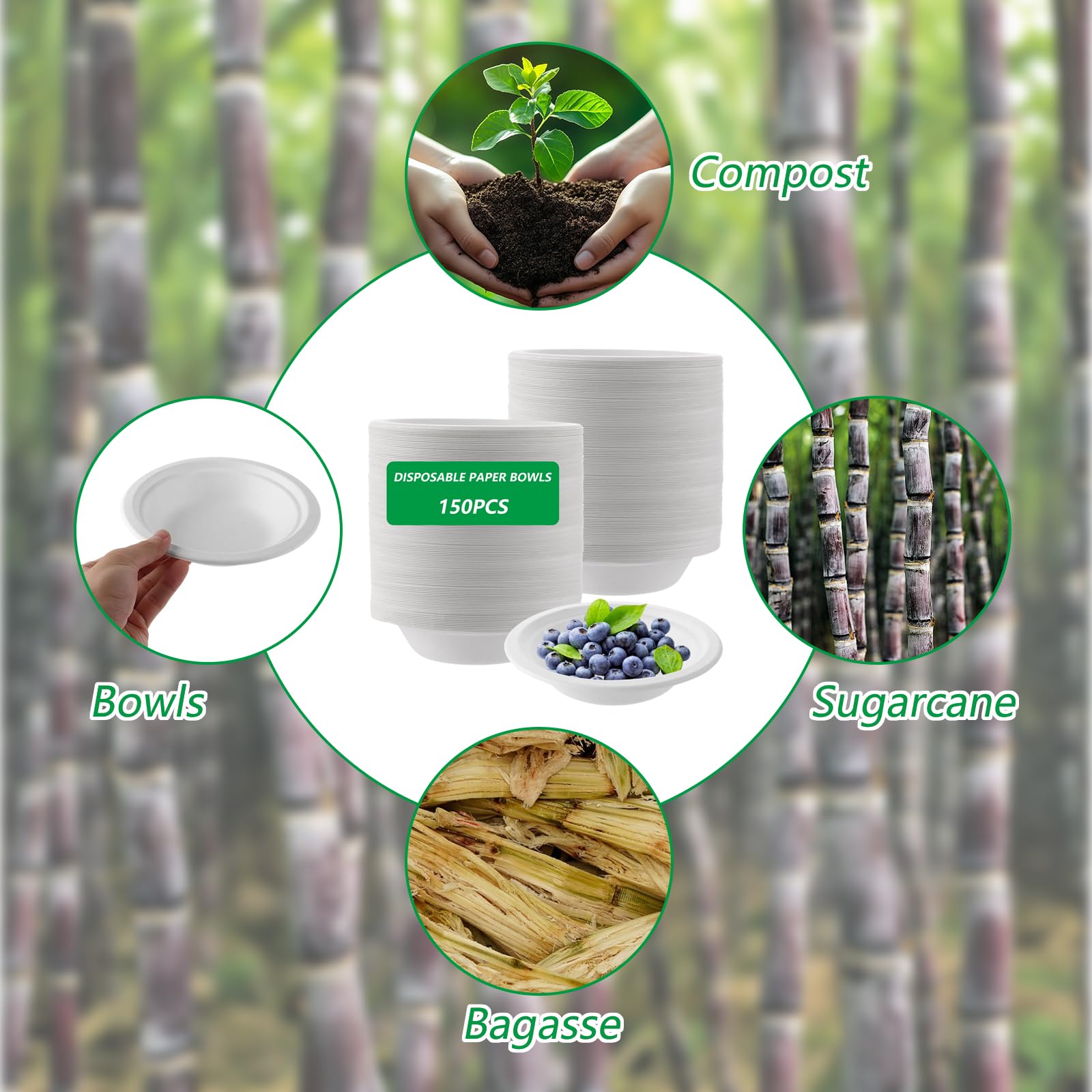150 Pièces Bol Jetable 500ml Soupe, Bols Jetables Bagasse de Canne à Sucre, Bols Jetables 500 ml, Compostable pour Fête Mariage Pique-nique, Blanc