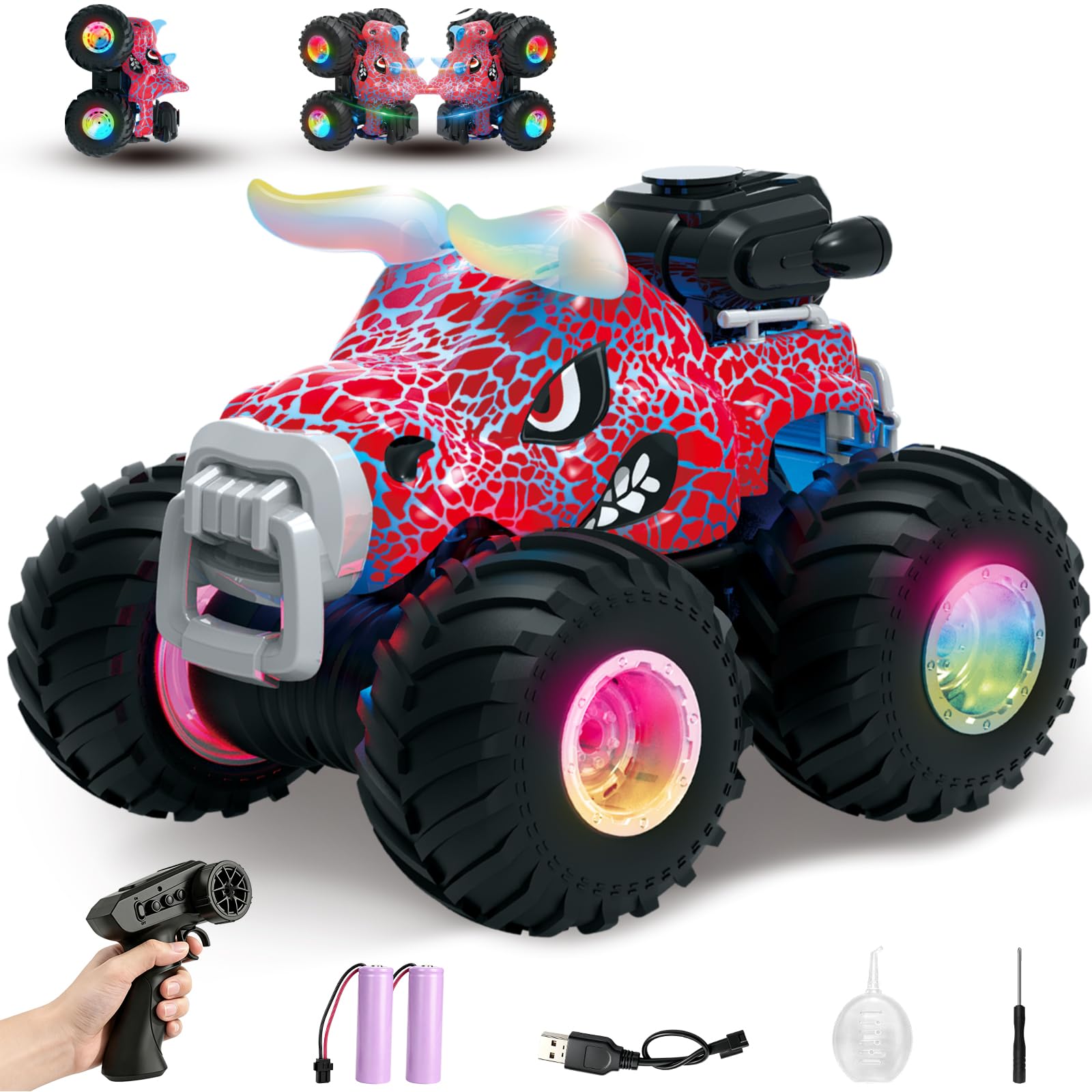 HengLiSam Remote Control Cars, 1:18 Monster Truck with Light and Spray,Red