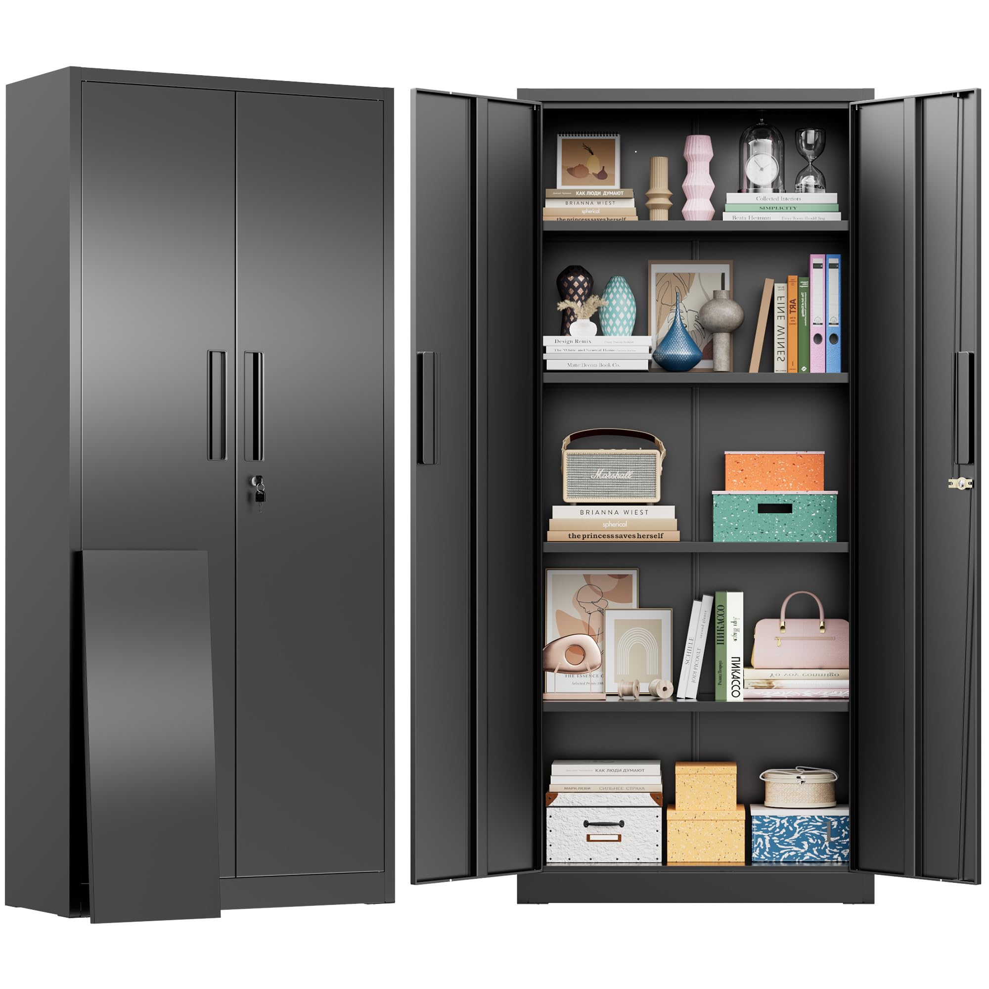 Greenvelly Metal Storage Cabinet, 63" H Locking Metal Storage Cabinet with Doors and 4 Shelves, Lockable Steel Cabinets for Kitchen, Bedroom, Living