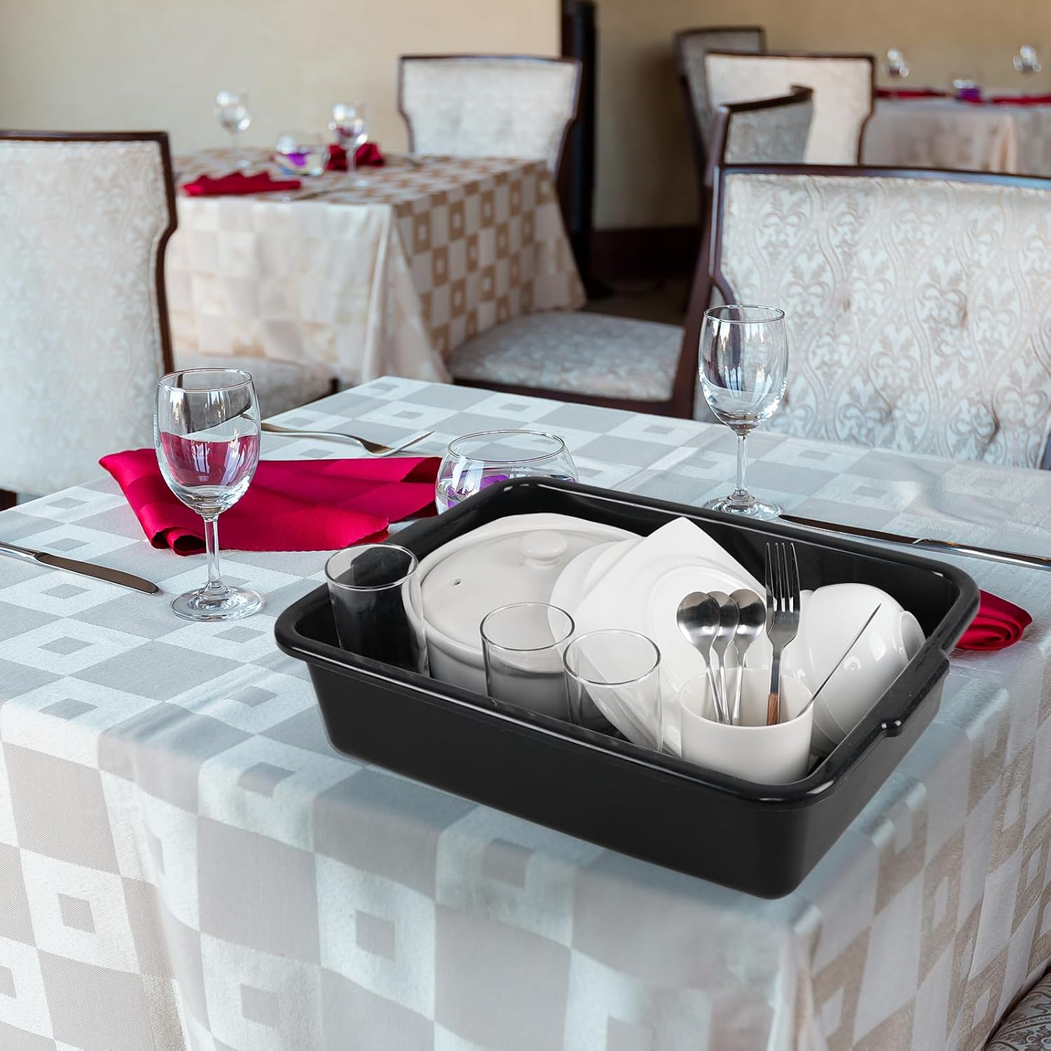 4-Pack 13 L Plastic Commercial Bus Box, Food Service Dish Bus Tubs, Restaurant Dish Bin, Black