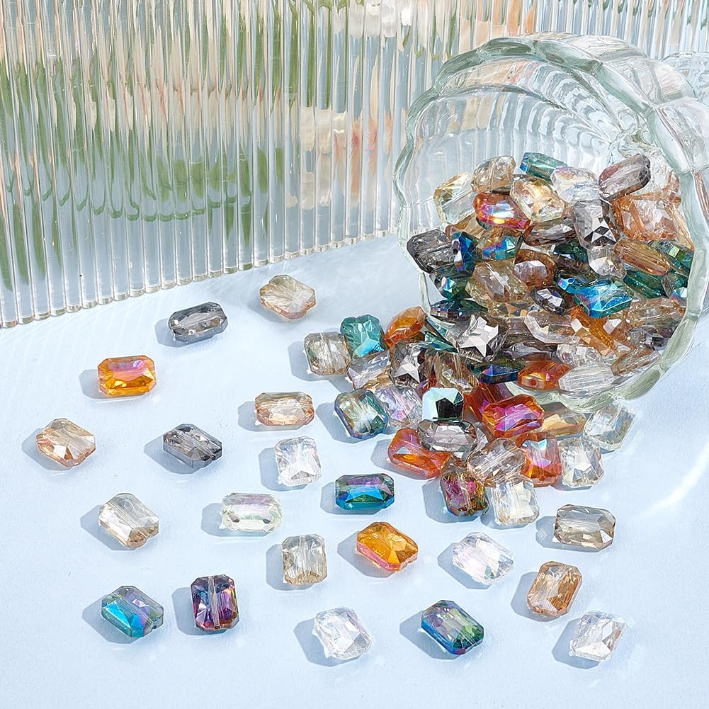 PH PandaHall 120pcs 8 Colors Faceted Glass Beads, 14x10mm Iridescence Flat Beads Rectangle Crystal Bead Large Loose Craft Spacer Bead for DIY Jewelry Bracelet Necklace Earring Keychain Making Crafts - Image 5