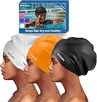 Vista 11 de Paquete de 3 gorros de natación extra grandes para trenzas y rastas, gorro de natación de silicona impermeable para mujeres con cabello largo