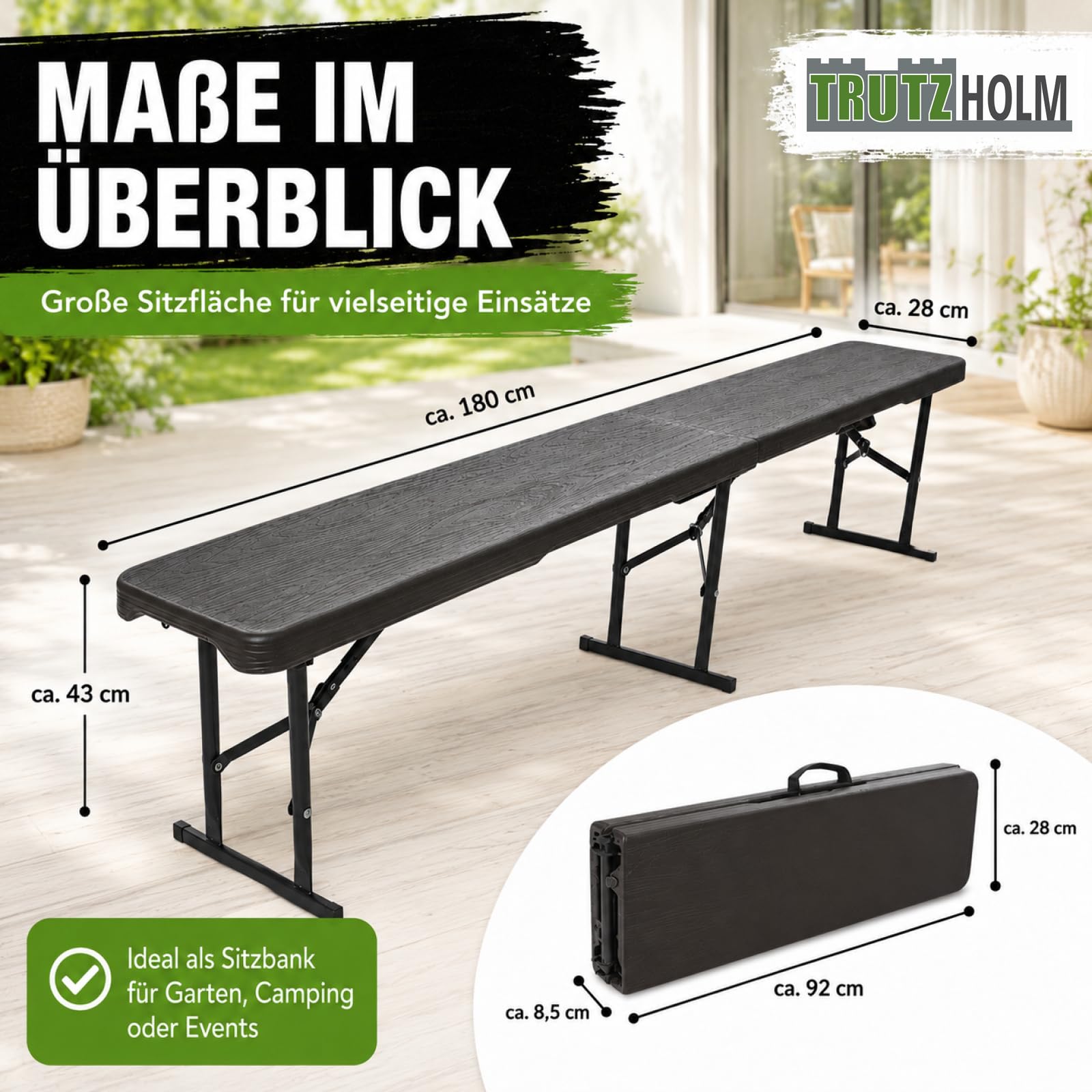 TRUTZHOLM Bierbank Klappbank aus Kunstoff Grau Holzoptik 180cm klappbar Bierzeltbank Campingbank