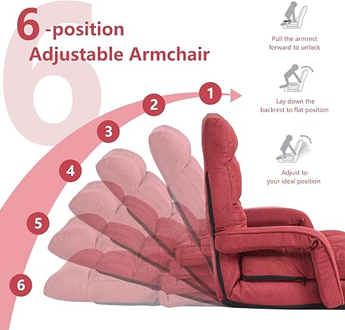 Miniatura 23 de Giantex Chaise Lounge - Sillón plegable multiusos para interiores, 6 posiciones ajustables, reposabrazos integrados, almohada lumbar, asiento