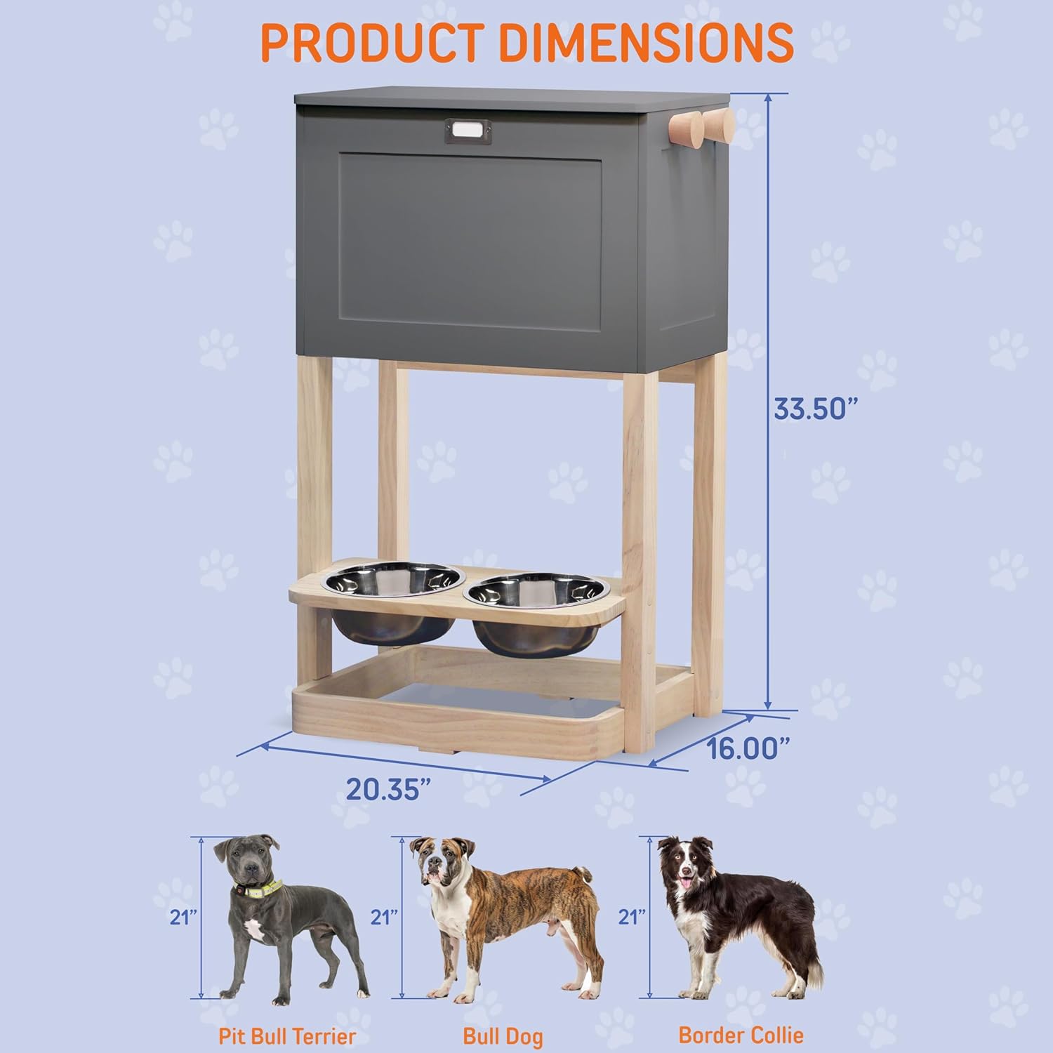 Zoovilla Raised Pet Feeder Station with Soft-Close Lid, 7" Angled Bowls – Waterproof Wooden Dog Storage Organizer for Large & Small Dogs – Modern Design (Gray)
