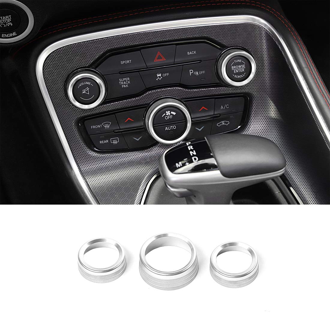 Silver Decal Trim Rings for Dodge Challenger 2015-2020 2021 2022 2023 Button Knob Cover Volume Radio Scratch Proof Car Interior Styling