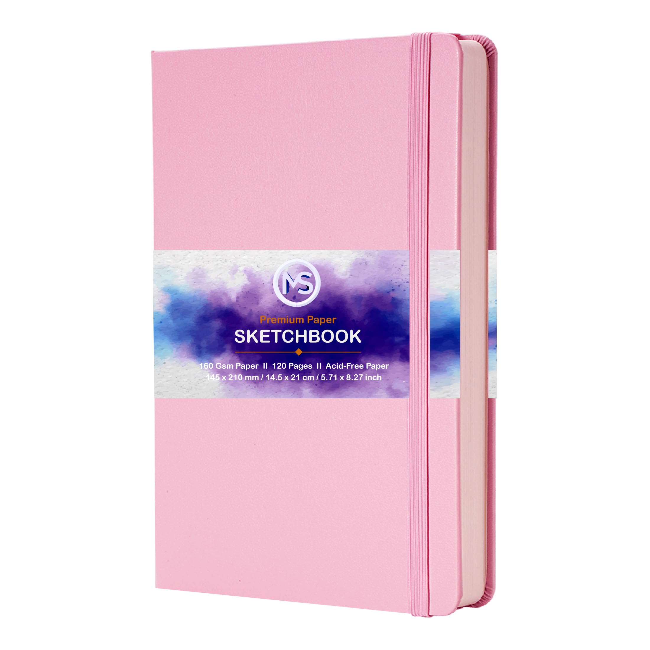 Sketchbook Journal Acid-Free 160gsm Paper 120 Pages (60 Sheets) Sewn Binding 5.8" X 8.3" A5 Leatherette Cover Watercolour Sketch Book for Artists Mixed Media Use (Pink)