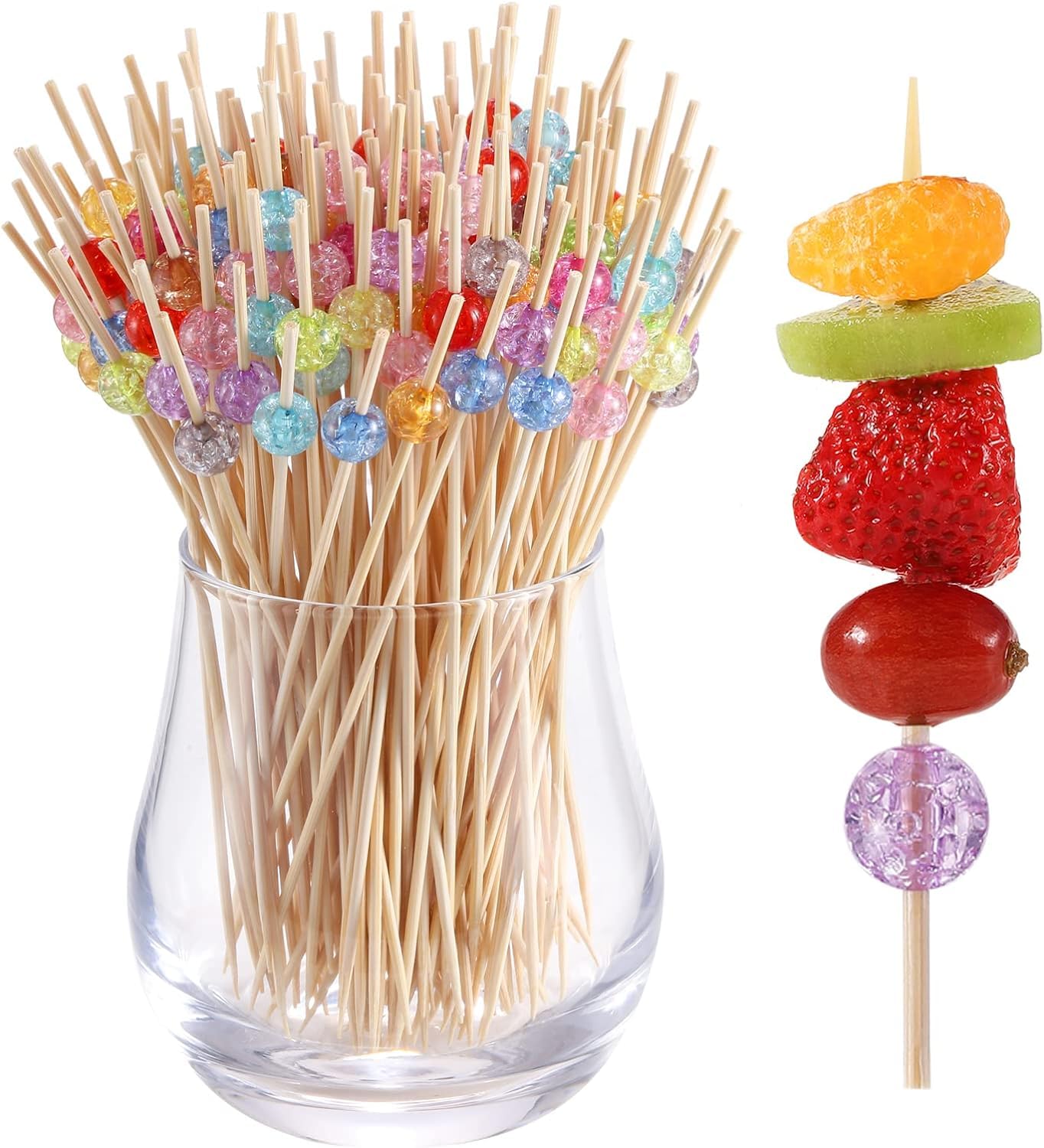 HELEMIY 200PCS Picks Natural Fancy Toothpicks for Appetizers Wooden Ball Bamboo Skewers for Appetizers 4.7 IN Long Decorative Sticks for Drinks Food Party Chuterie ds Accessories