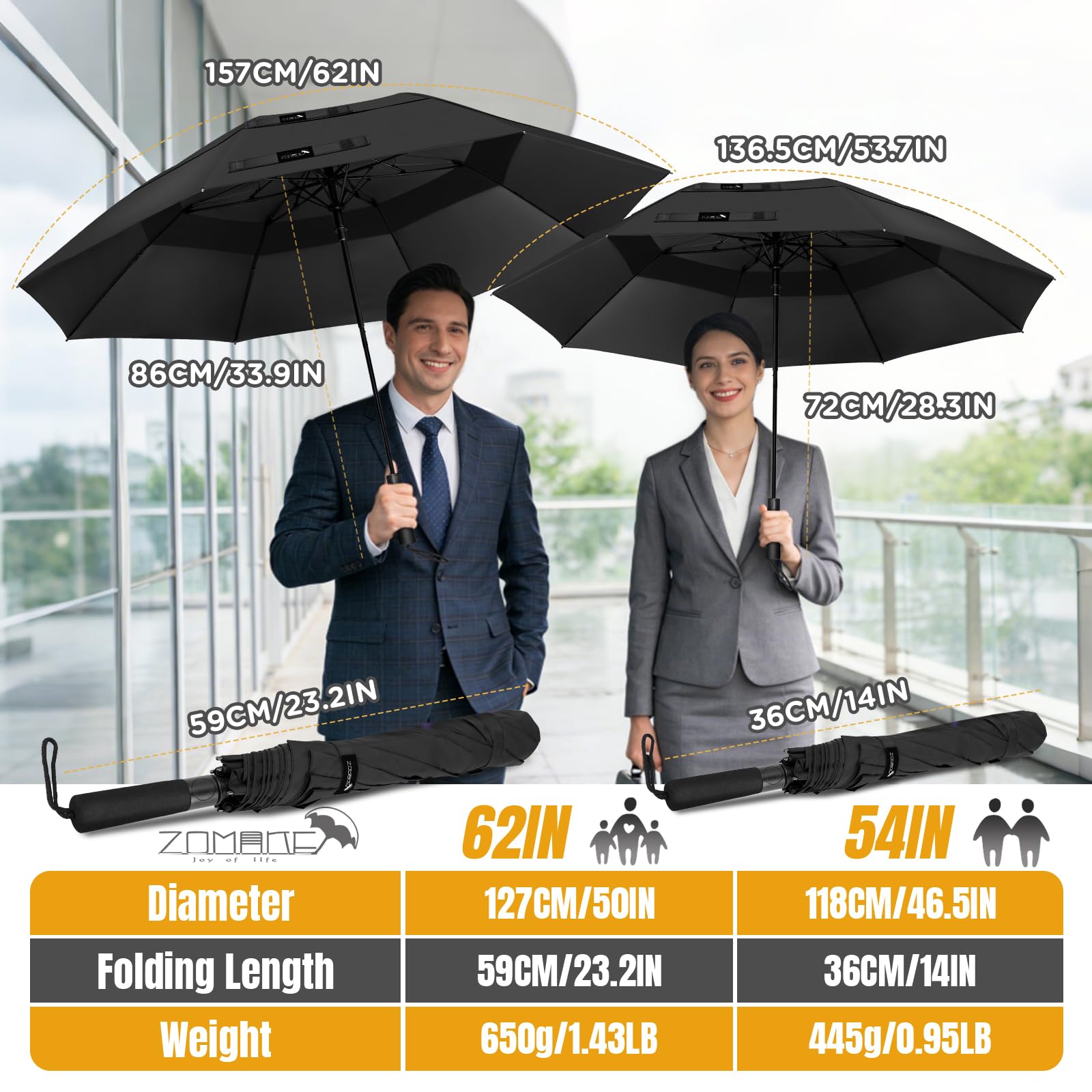 ZOMAKE Regenschirm Sturmfest Taschenschirm Groß,54/62 Inch Golfschirm Sturmfest Leicht,Großer Taschenschirm Stabil mit Doppelkappe für Herren Damen Kinder